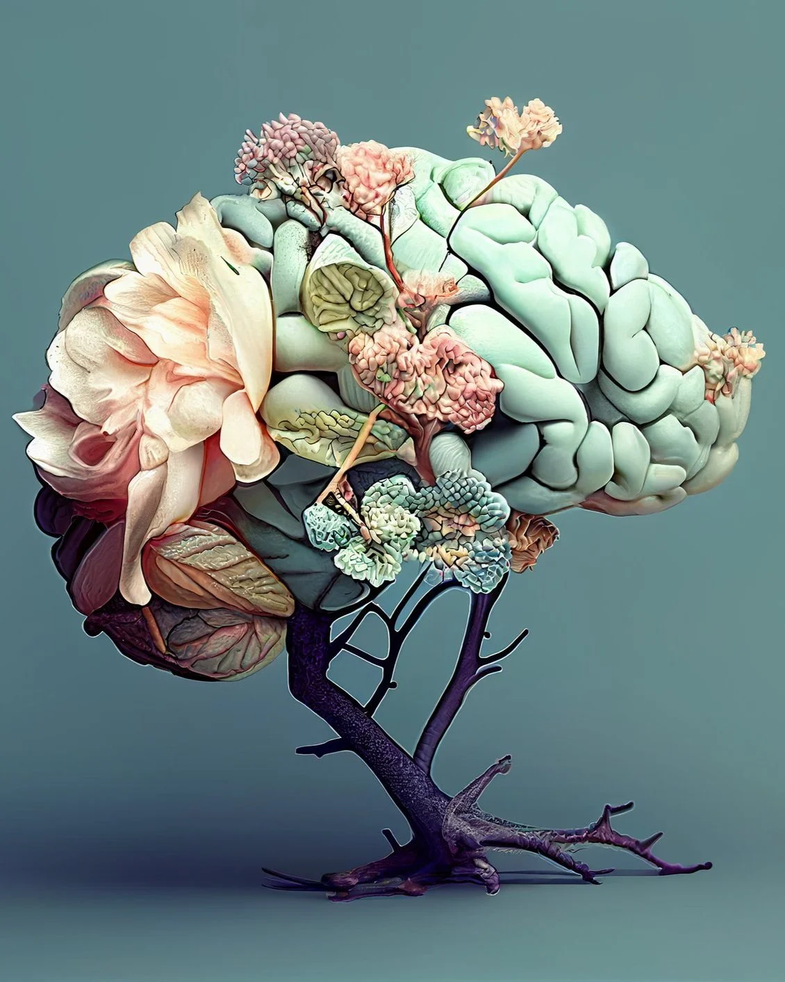 Autistic ADHD illustration of a human brain composed of various flowers and plant elements.