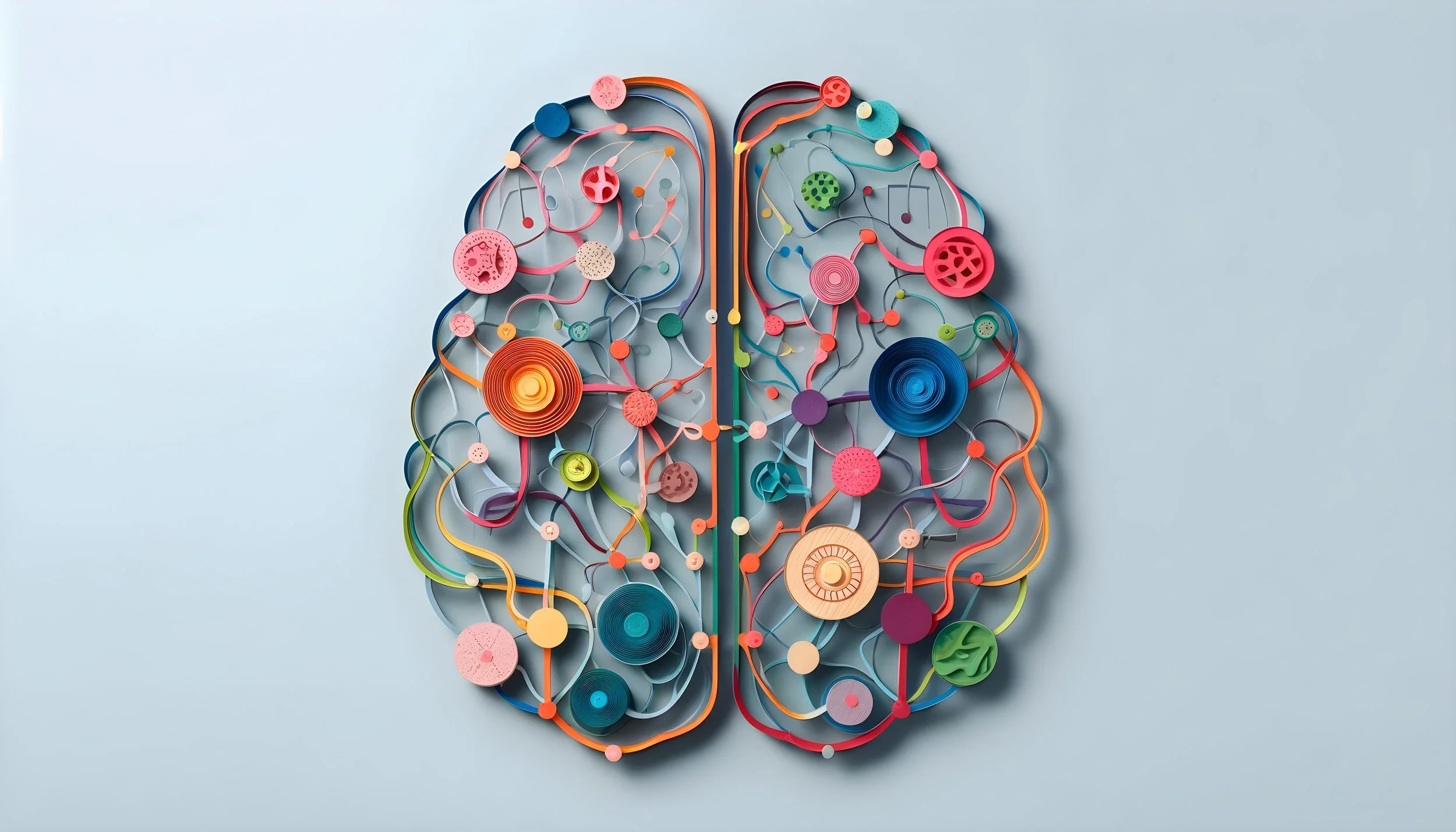 An image of a brain made out of colorful buttons and craft paper, blue, orange, pink, white purple and green.