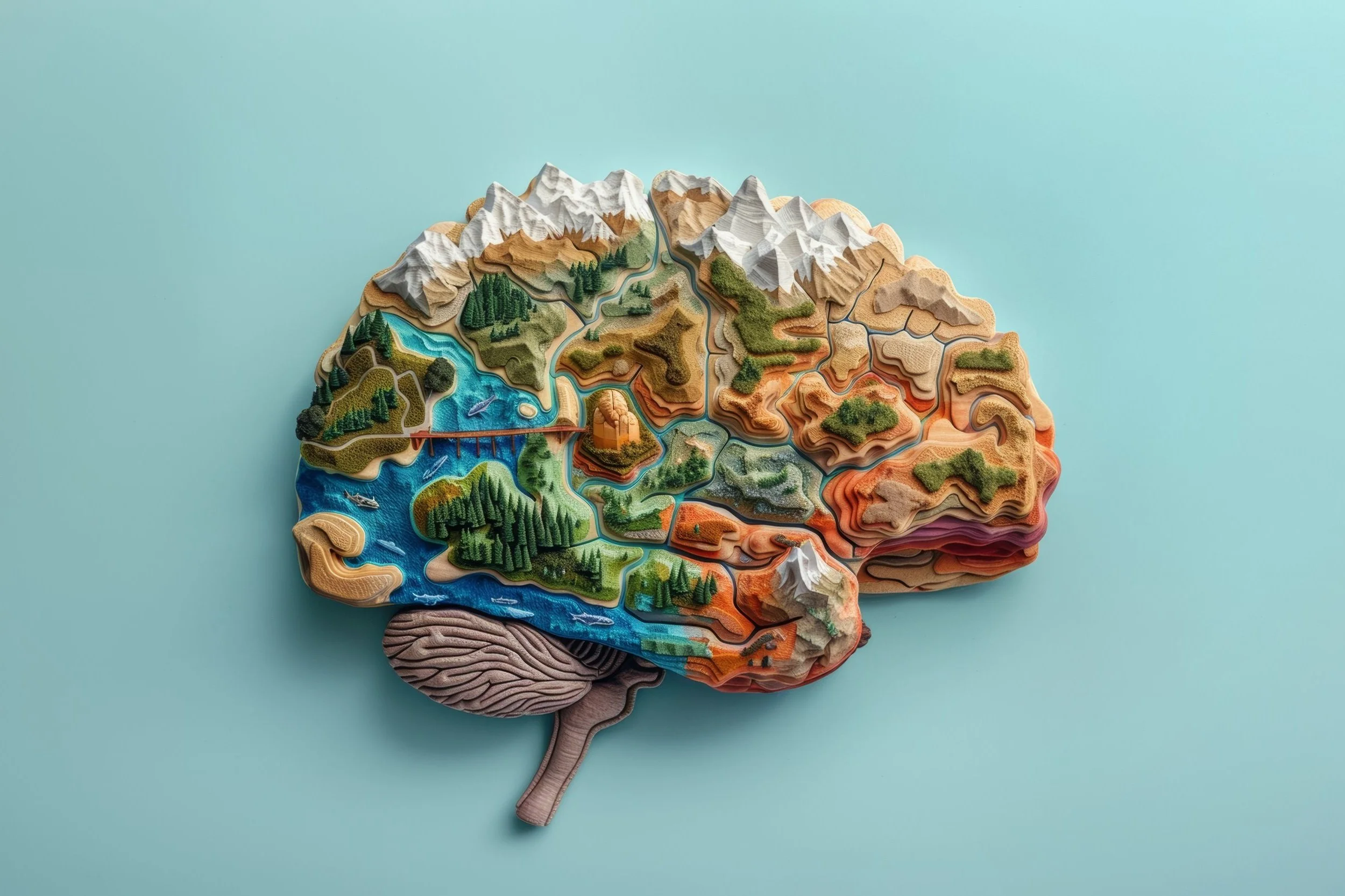 Colorful wooden map of a brain depicting mountains, forests, rivers, and a bridge on a light blue background.