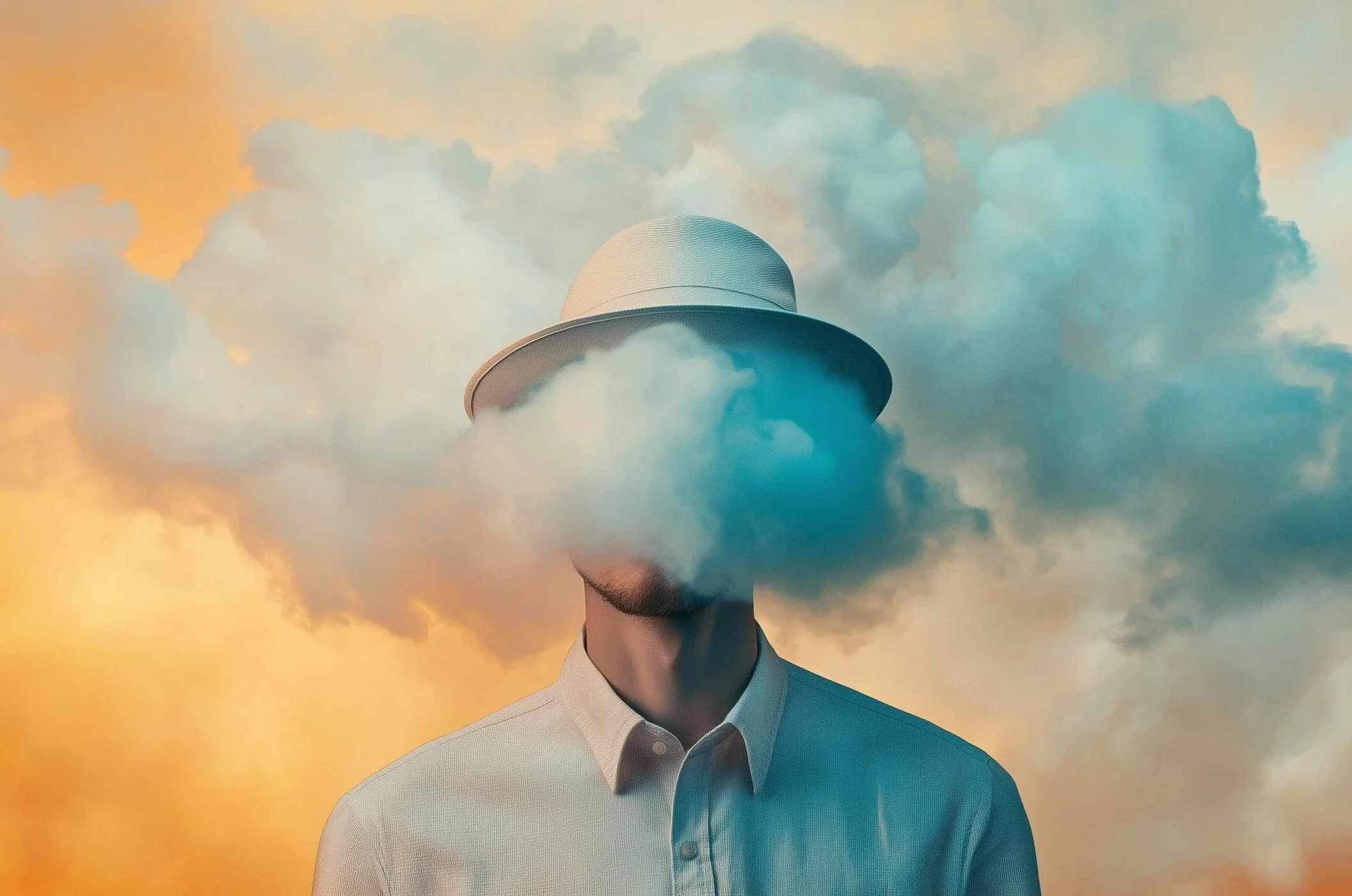 An ADHD man with executive dysfunction wearing a hat and a collared shirt with his face obscured by a cloud, against a colorful sky background.