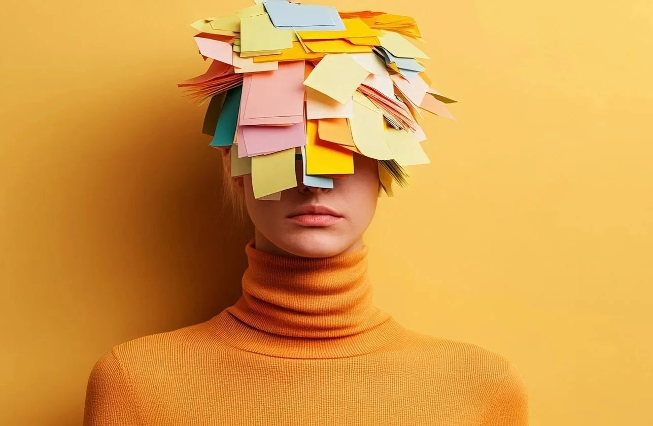 An ADHD woman with executive dysfunction, with post-its, representing a scattered brain with her face partially obscured by a large pile of colorful sticky notes covering her eyes and forehead, against a yellow background.