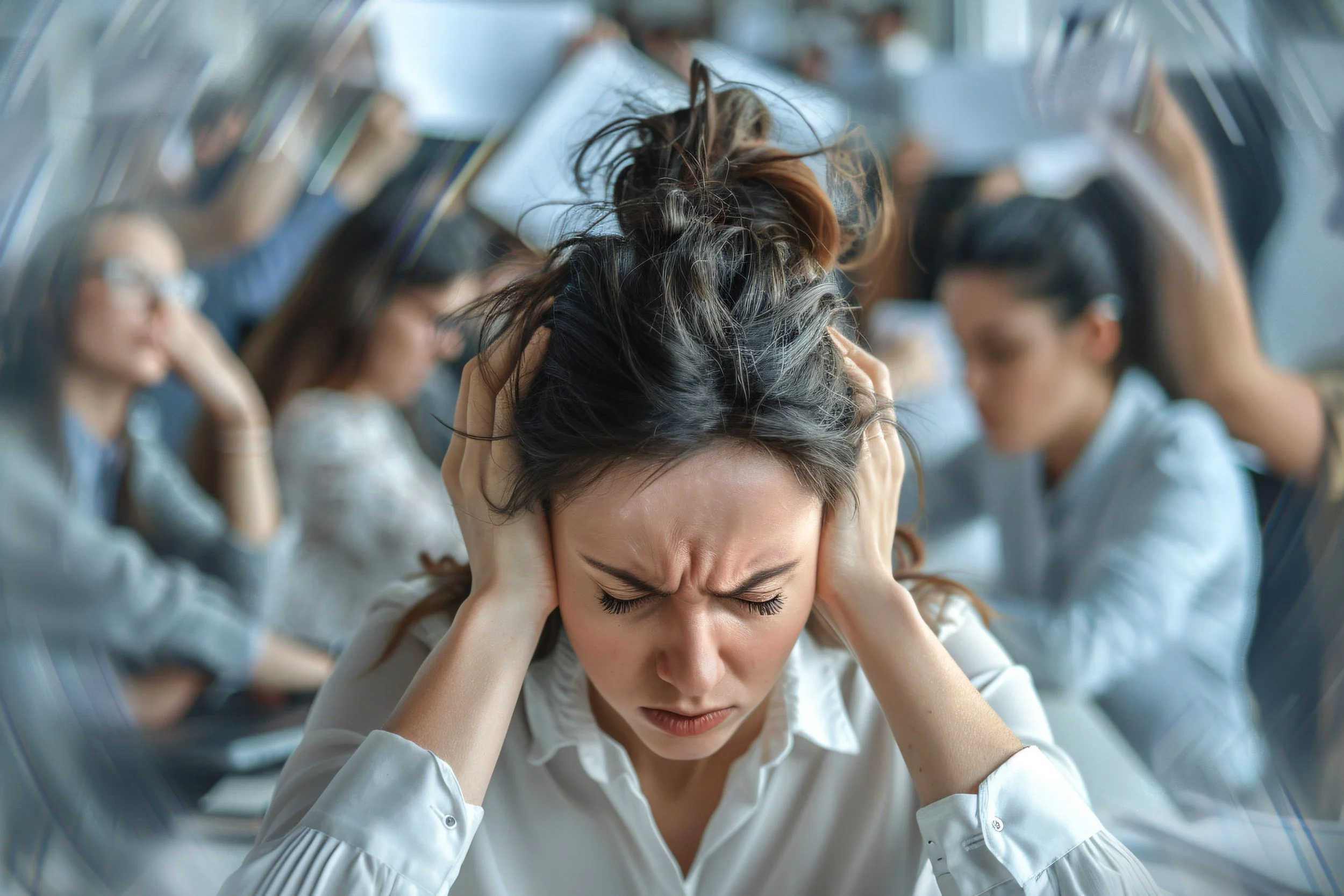 A white, autistic woman with brown hair puts her hands over her ears to block out noise. She is wearing a white shirt. She looks like she is in pain from the noise.