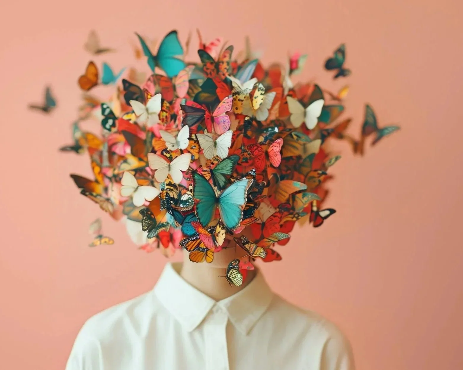 A person with a head made of colorful butterflies is wearing a white shirt against a pink background.