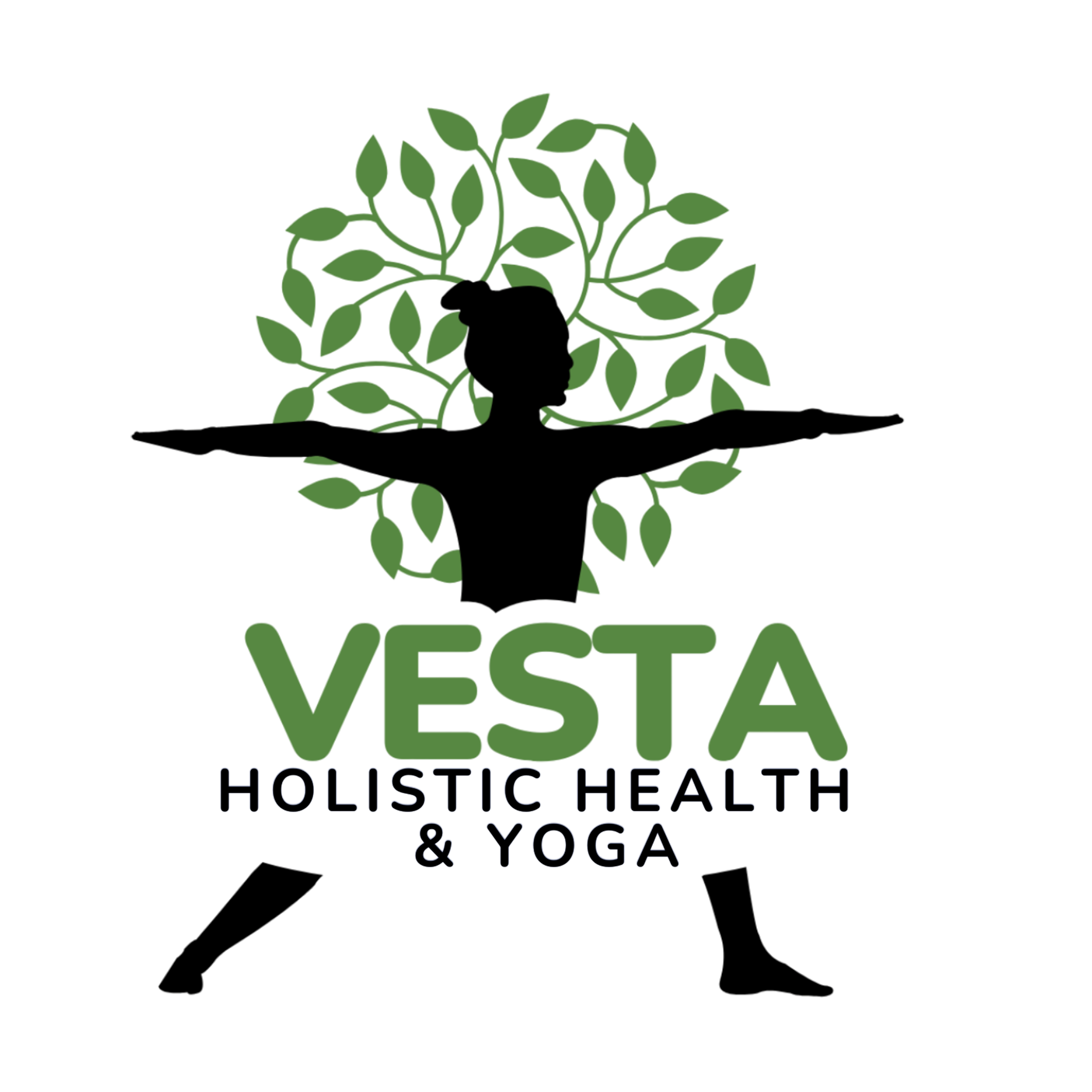 Logo for Vesta Holistic Health & Yoga featuring a silhouette of a person in a yoga pose with outstretched arms, a leafy tree behind, and the text 'Vesta' in green and 'Holistic Health & Yoga' underneath.