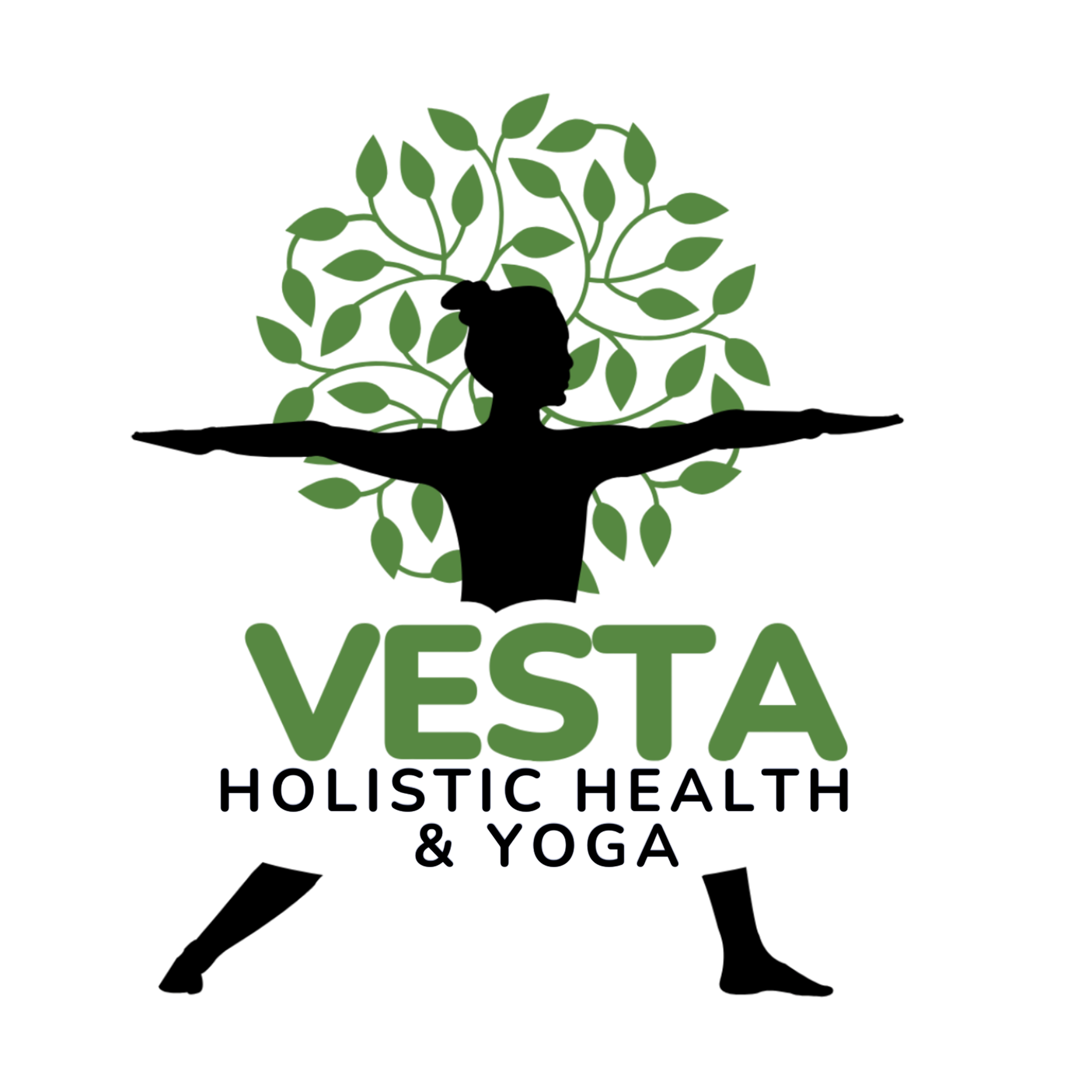 A logo for VESTA Holistic Health & Yoga featuring a silhouette of a person in a yoga pose with arms extended and a leafy tree behind. The text 'VESTA' in large green letters and 'Holistic Health & Yoga' in smaller dark blue letters below.