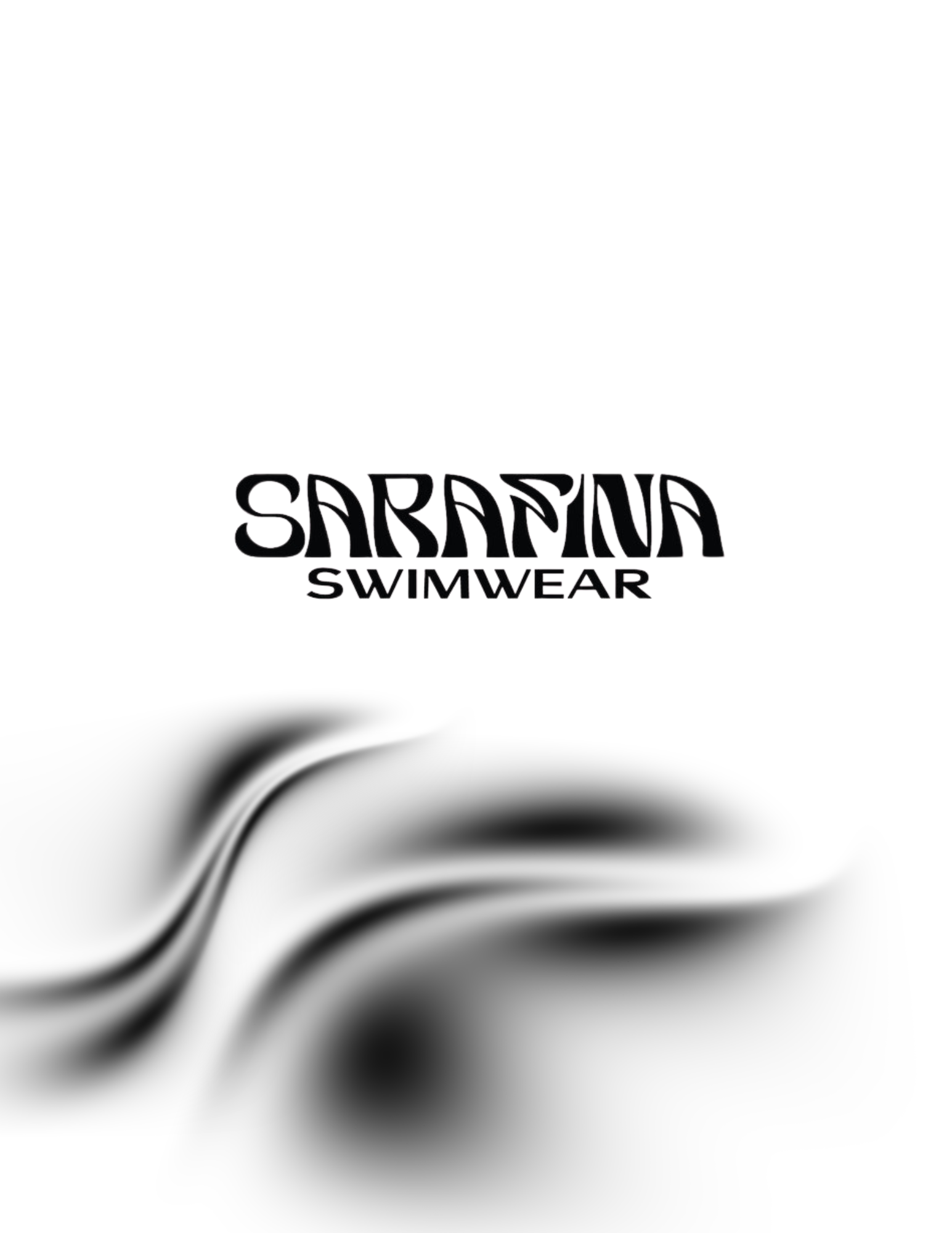 Black and white image with the text 'SABARIFU SWIMWEAR' at the bottom center, and blurred streaks resembling fins or waves in the foreground.