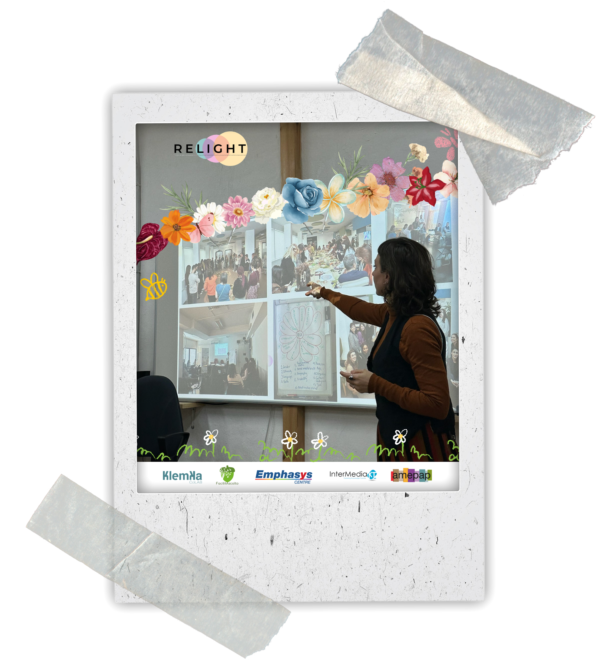 A woman using an interactive digital screen at a conference or event, with logos of organizations such as Klemya, Emphasys, InterMedia, and Ahepa displayed at the bottom, and decorative floral illustrations around the screen.