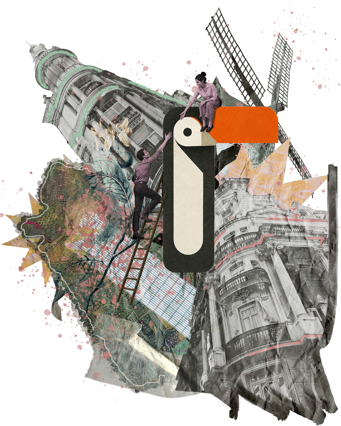 A collage featuring buildings, architectural elements, and two people interacting atop a large stylized bird illustration.