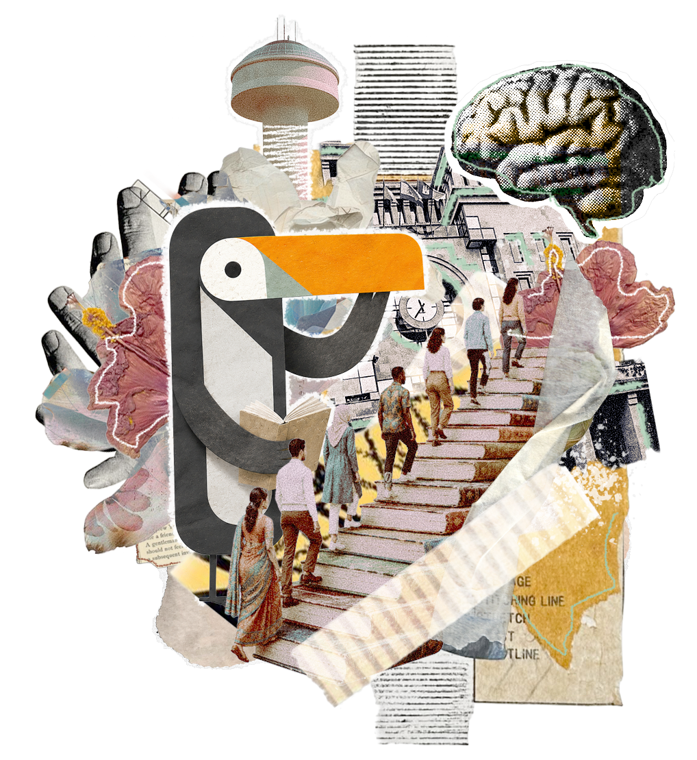 Collage of various images including a toucan, a brain, a staircase with people ascending, a building, a lamp, a clock, and paper textures, arranged in an abstract style.