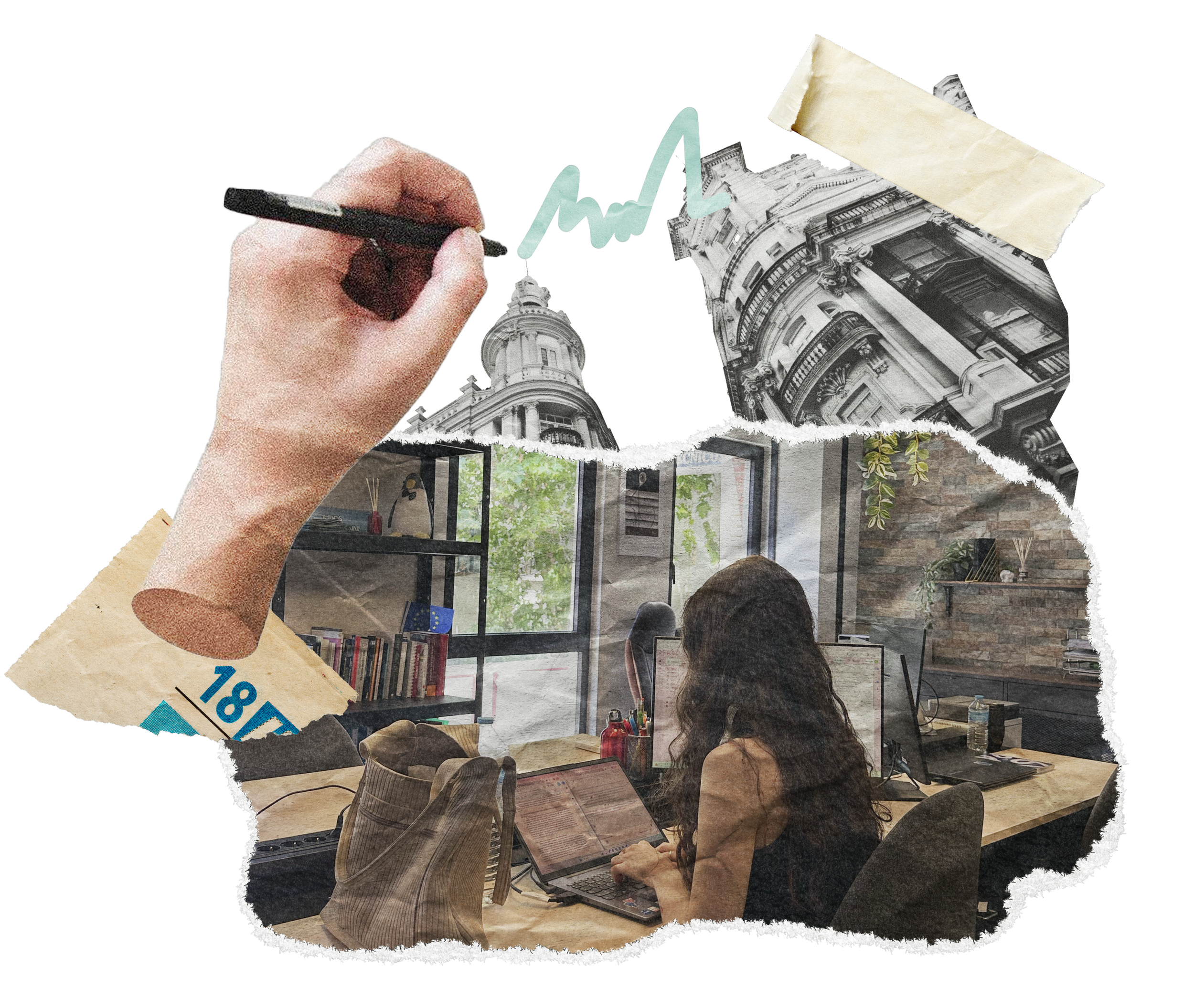 People working on computers in an office with large images of historic buildings, a hand sketching an upward trending graph, and partial torn paper with text visible.