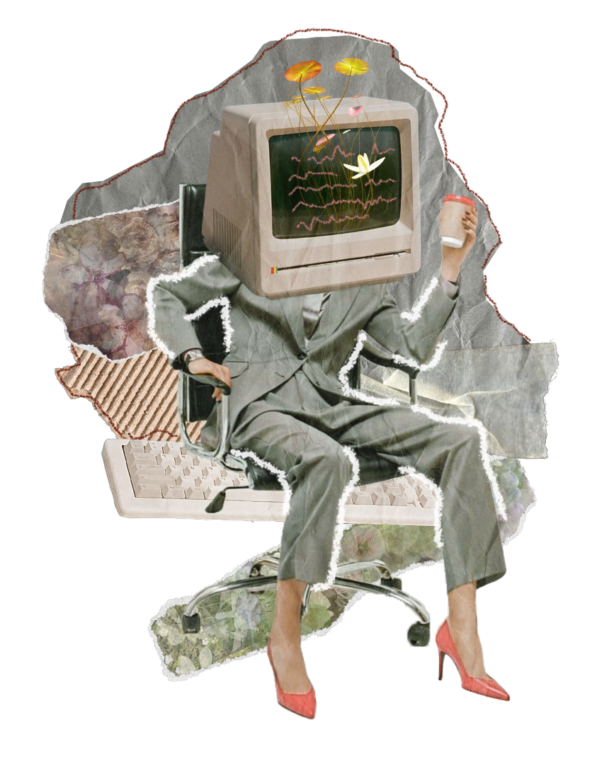 A collage of a woman in a suit sitting on an office chair, with her head replaced by an old computer monitor displaying floating flowers and foliage. She holds a coffee cup in one hand and has red high heels on.