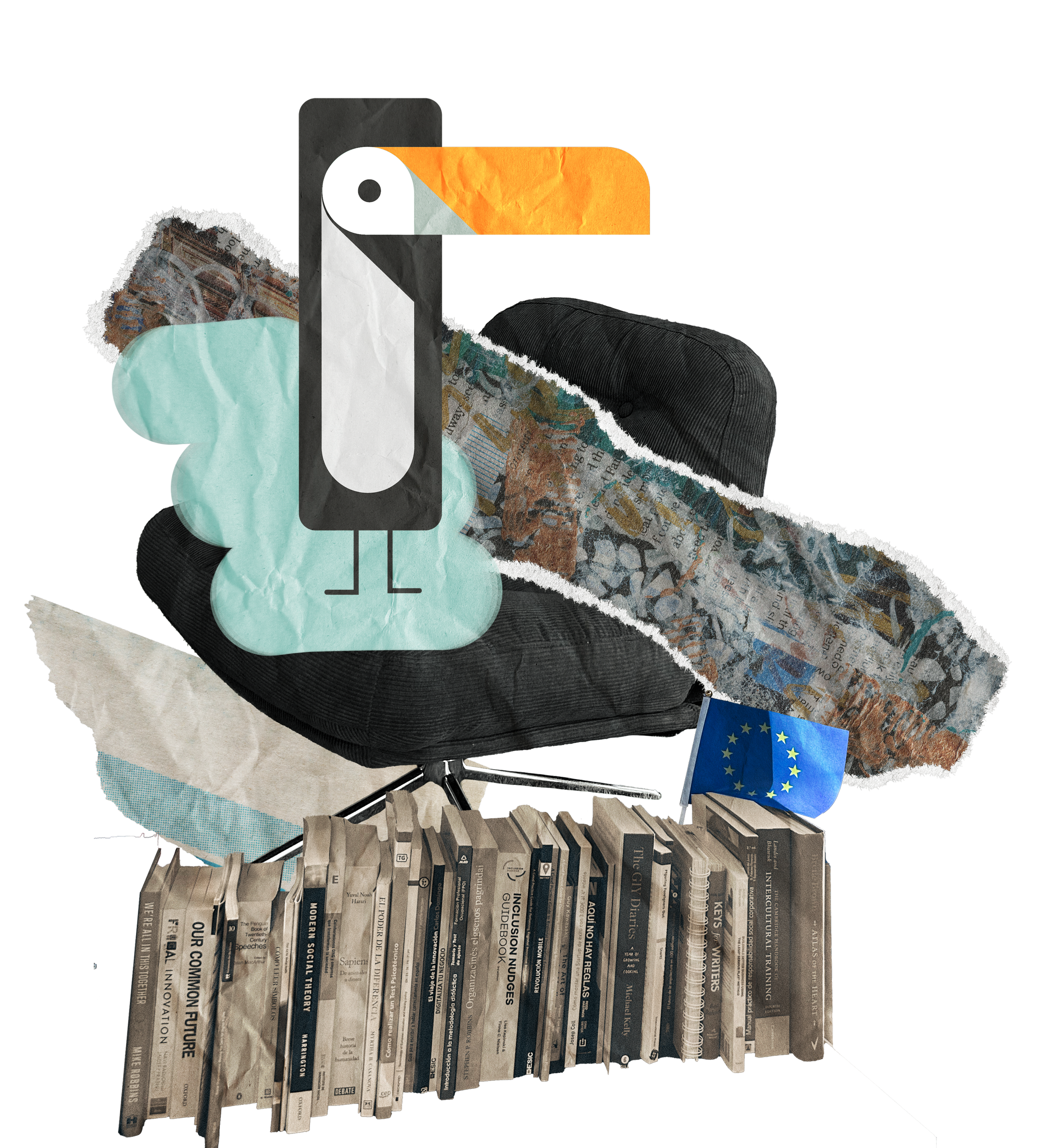 A stack of books on a bookshelf with a black cap, a mask, a piece of paper with a photo of a toucan, and an EU flag in the background.
