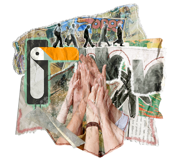 Collage of a toucan illustration, a graffiti wall, a group of people walking, and a group of hands in a high-five gesture.