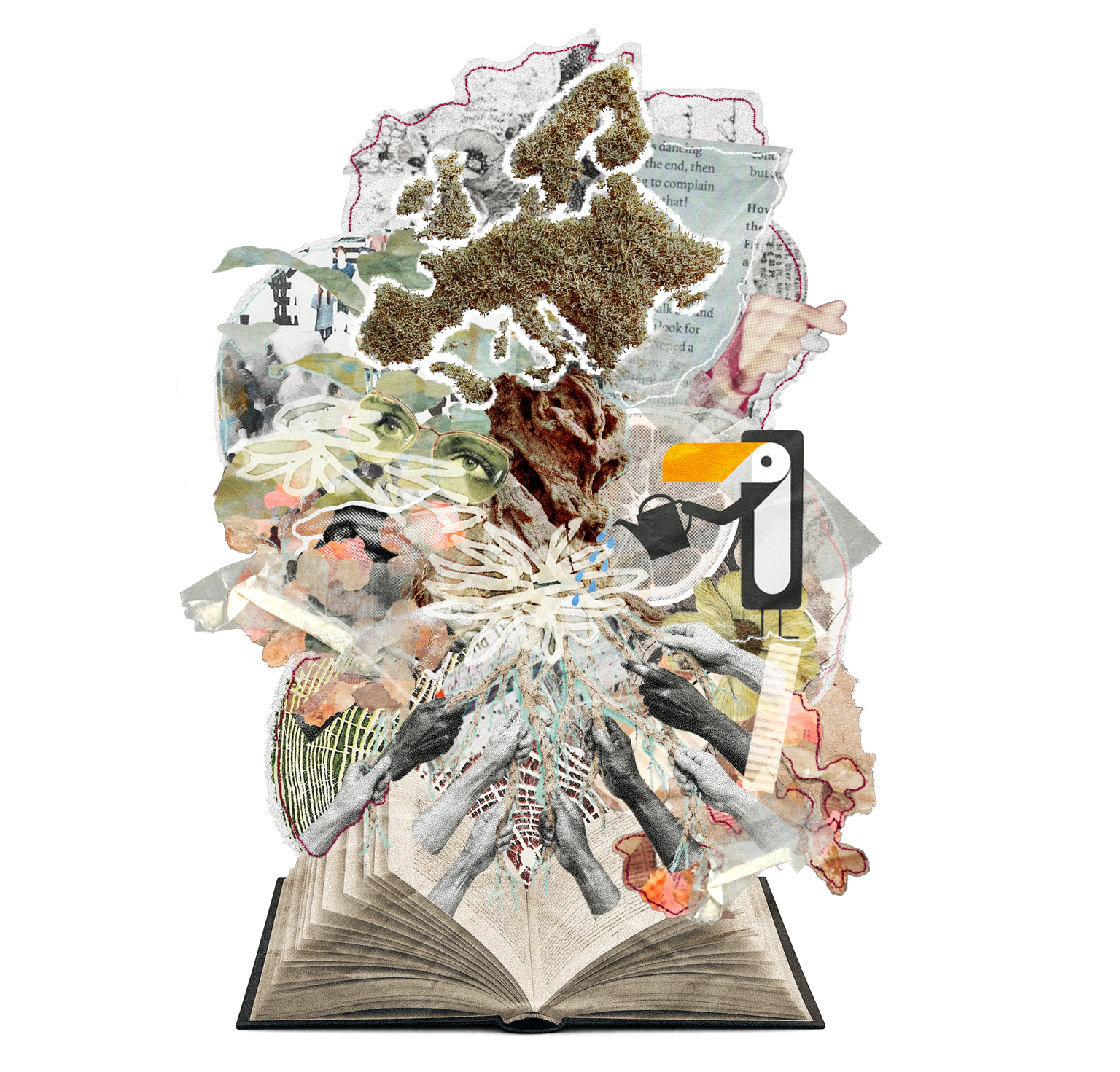 A collage of various images and objects emanating from an open book, including a tree, a house, books, eyes, a bird, a hand pointing, and abstract colorful elements.