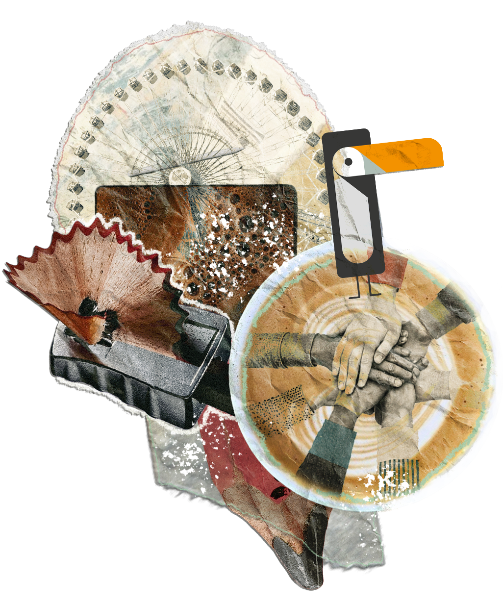 A collage of images including a Ferris wheel, a box cutter, a peeled peach, and a graphic of multiple hands stacked together.