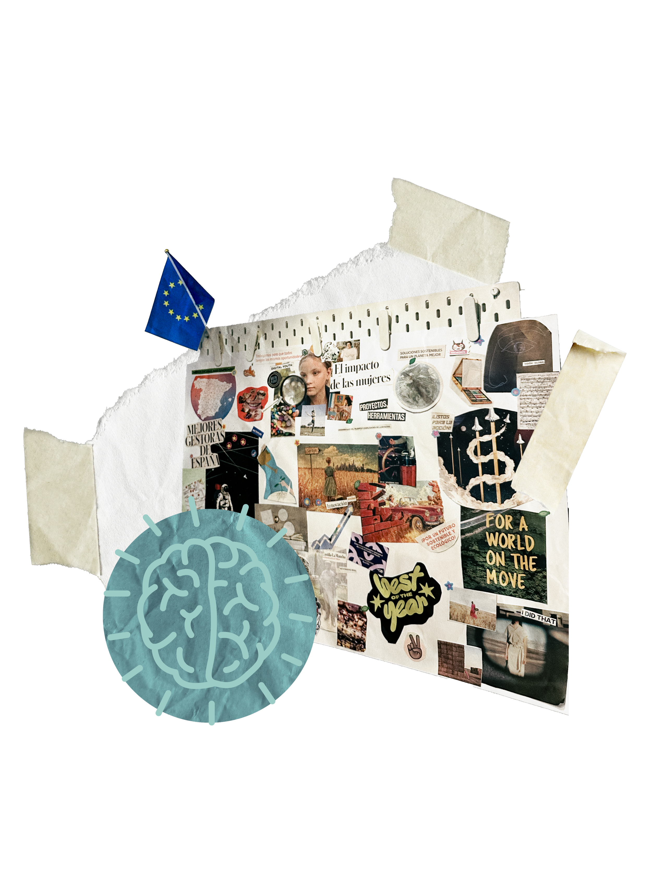 A collage of various pictures, posters, and notes on a bulletin board, with a European Union flag attached, and a paper with a brain illustration in front.