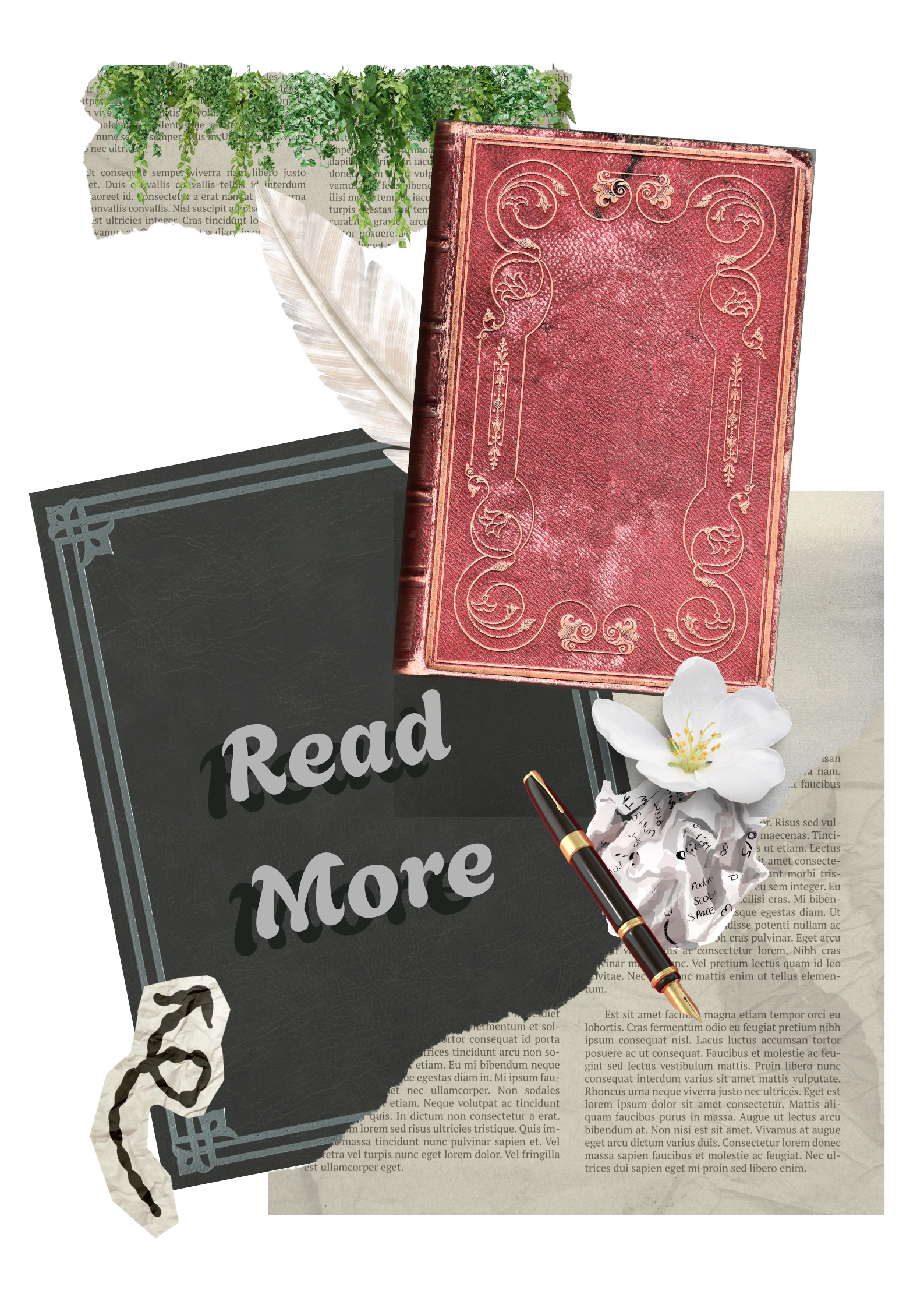A collection of reading materials and stationery including a blackboard with 'Read More', an open book with decorative red cover, a black notebook, a white flower, a black and gold fountain pen, a crumpled piece of paper with writing, and green foliage or ivy in the background.