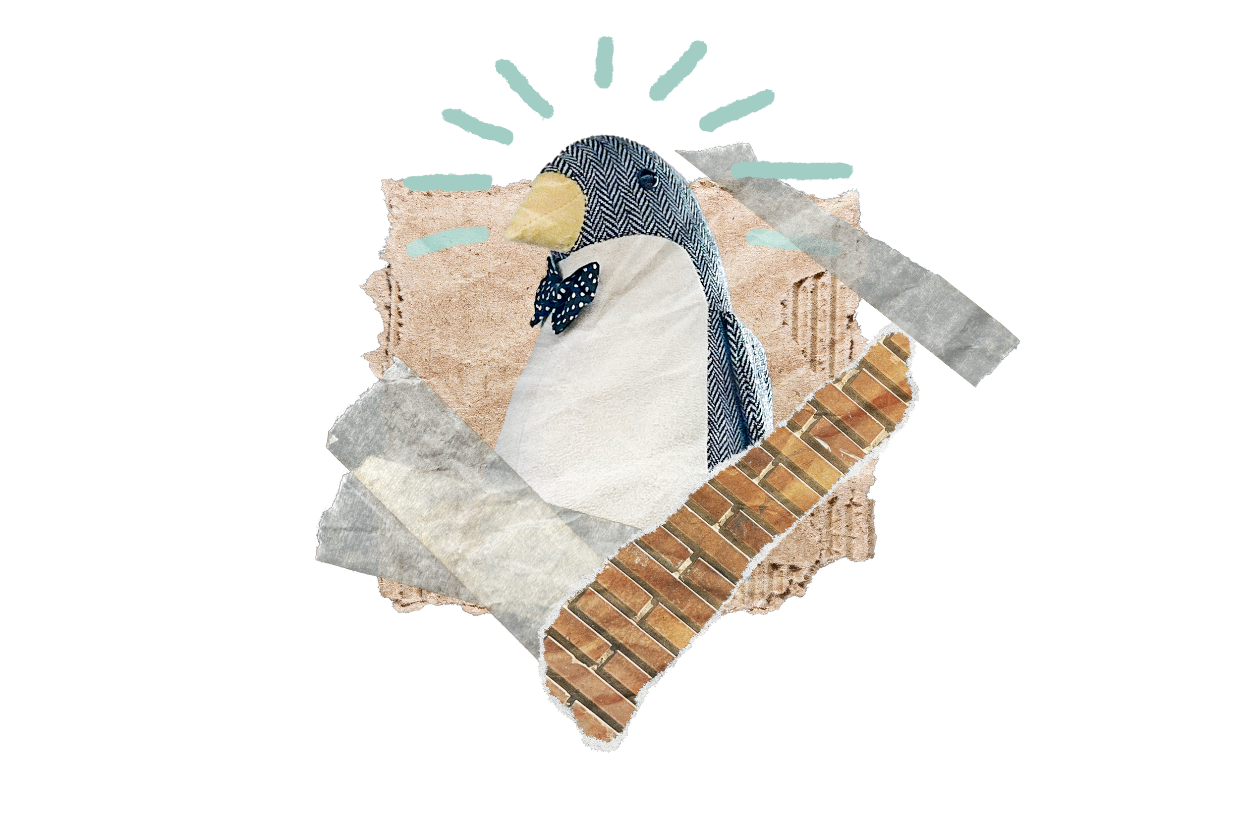 Mixed collage of textures including bricks, wood, paper, and a toy penguin with a blue bow