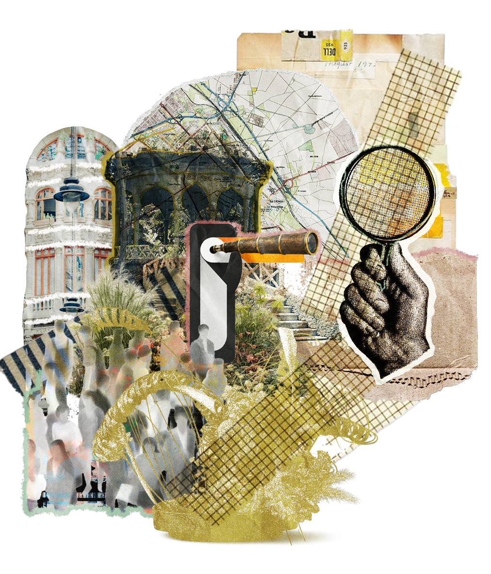 Collage of various elements including a vintage house, a city map, a person holding a magnifying glass, an old telescope, a staircase, a crowd of people, decorative patterns, and textured paper.