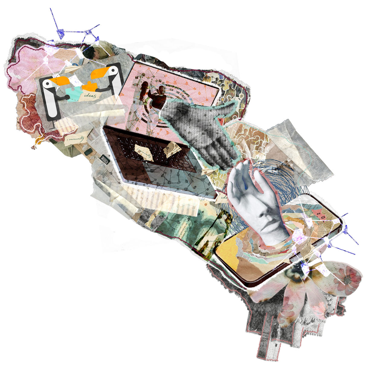 Collage of a person using a smartphone with torn paper and layered images, including a hand pointing at a computer screen, a person's face with a hand on their forehead, and various abstract designs and sketches.