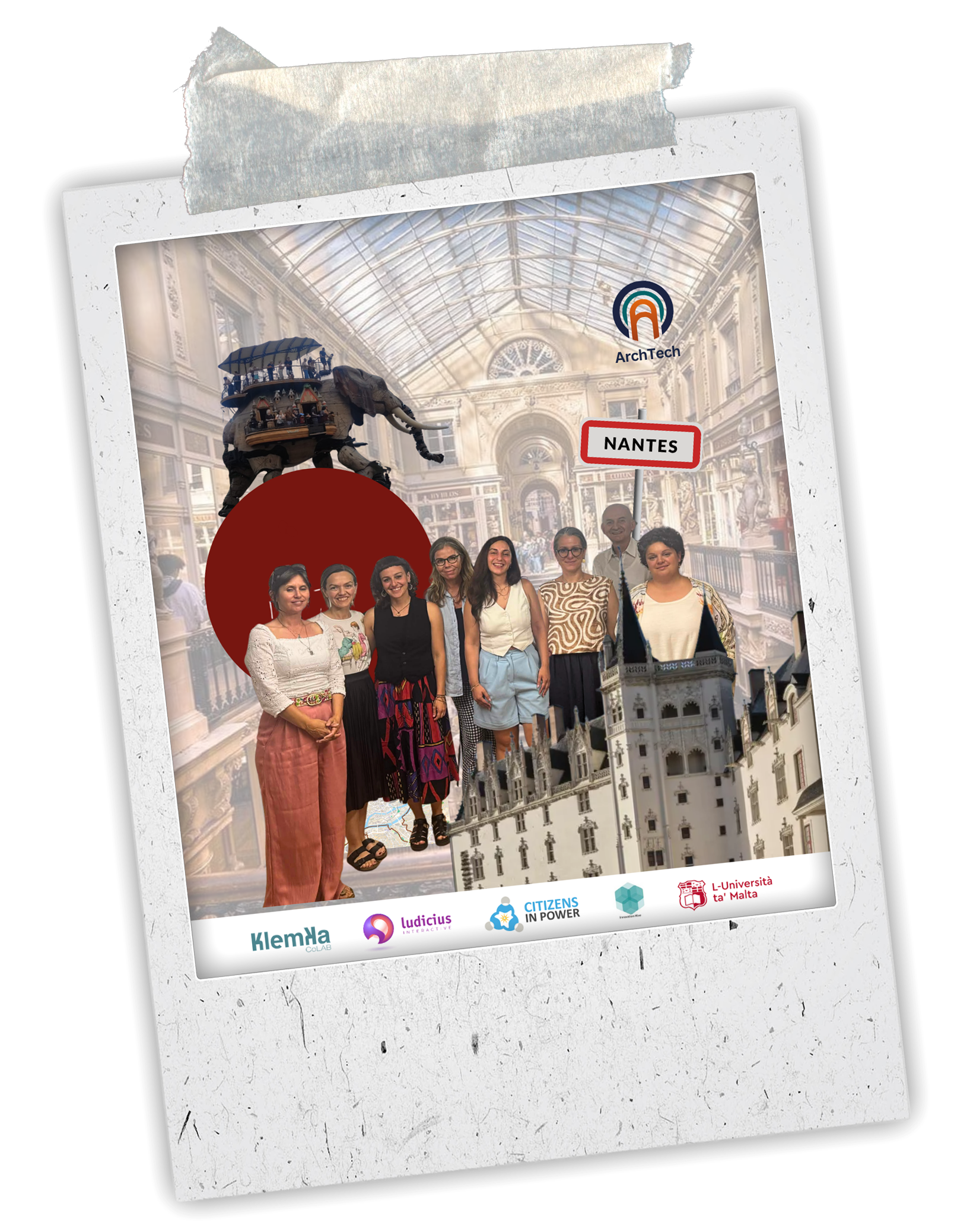 A group of diverse people standing together in front of a digitally manipulated background of a historic building and marketplace in Nantes, France. The image appears to be a digital collage with logos of organizations at the bottom and a handwritten sign that says "NANTES."