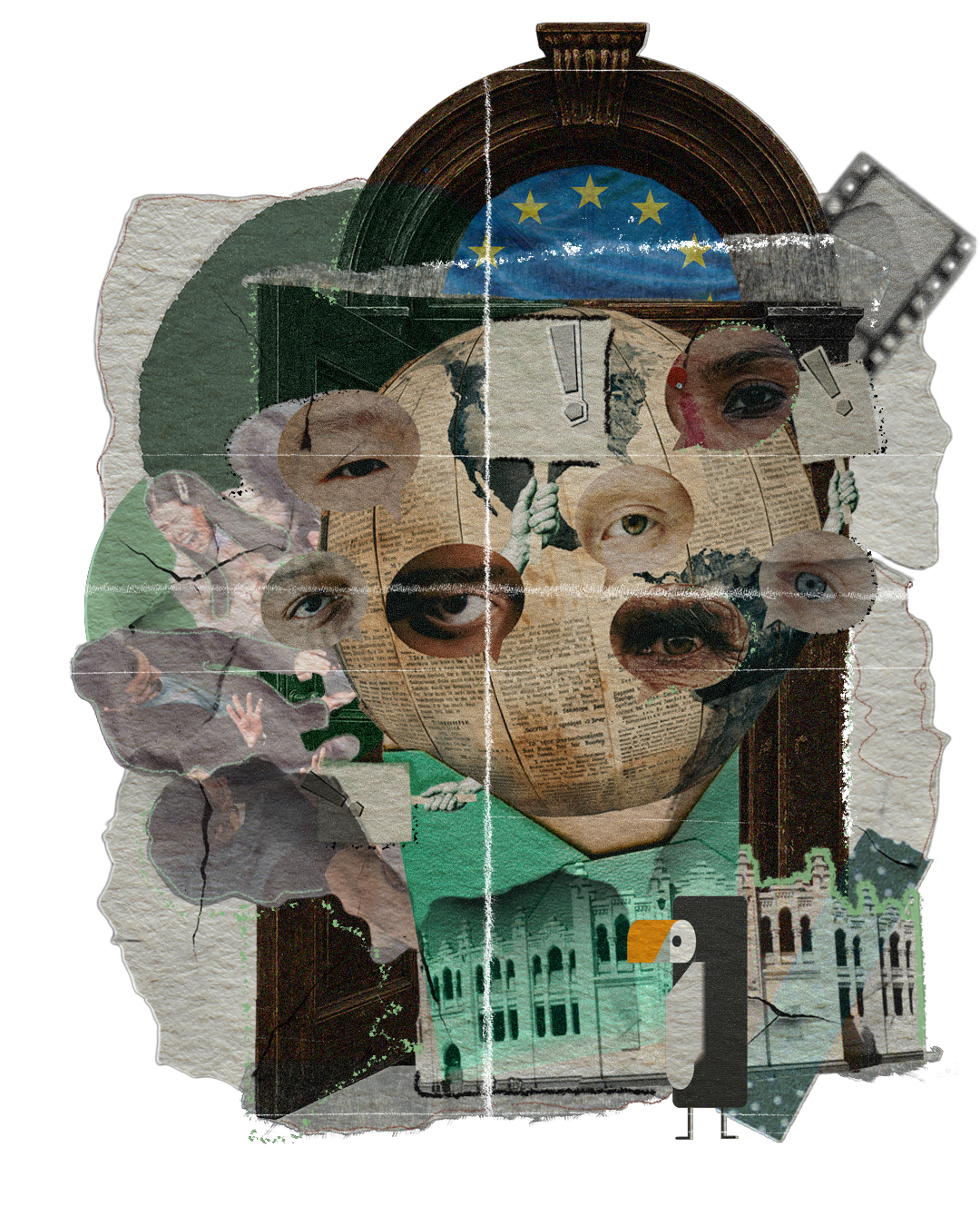 A collage artwork featuring a globe wrapped in newspaper with various eyes, hands, and faces, including a European Union flag on a clock, and elements of architecture and figures, with a textured and torn paper aesthetic.