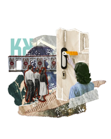 Collage of people looking at a snowy scene through a window, with a woman pointing and a penguin-shaped door handle on a white door.