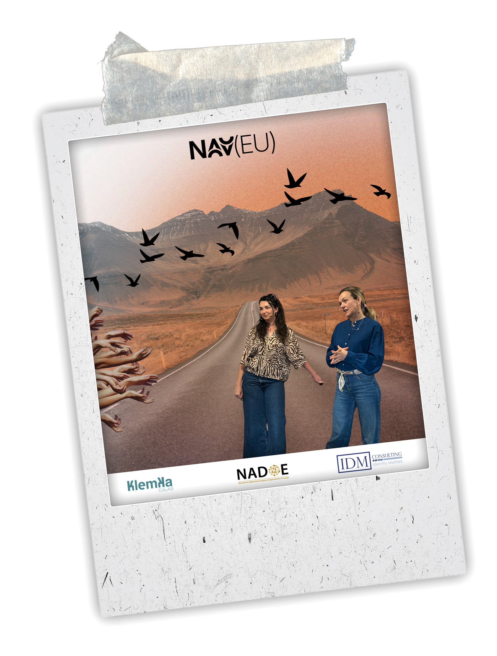 A poster showing a road leading to mountains with a sky at sunset, birds flying, and people standing on the road. The poster includes logos of organizations such as KlemKa, Nade, and IDM, and the title 'NAY(EU)'.