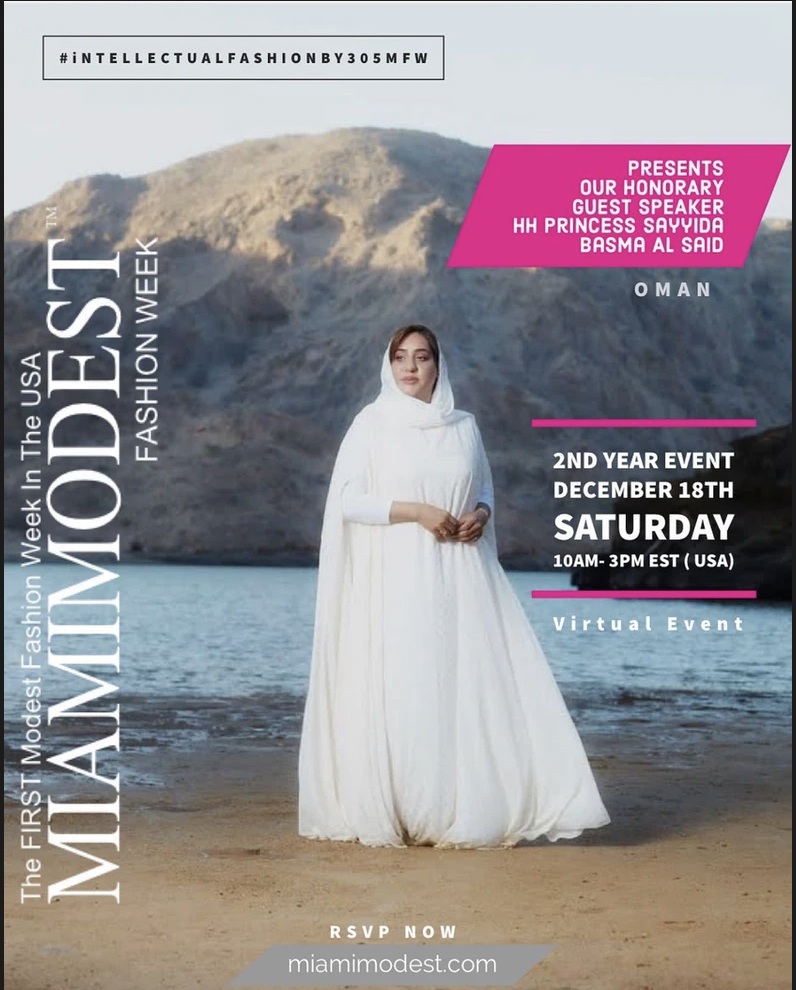A woman in a white dress and headscarf standing on a sandy beach with water and cliffs in the background, promoting the Miami Modest Fashion Week event.