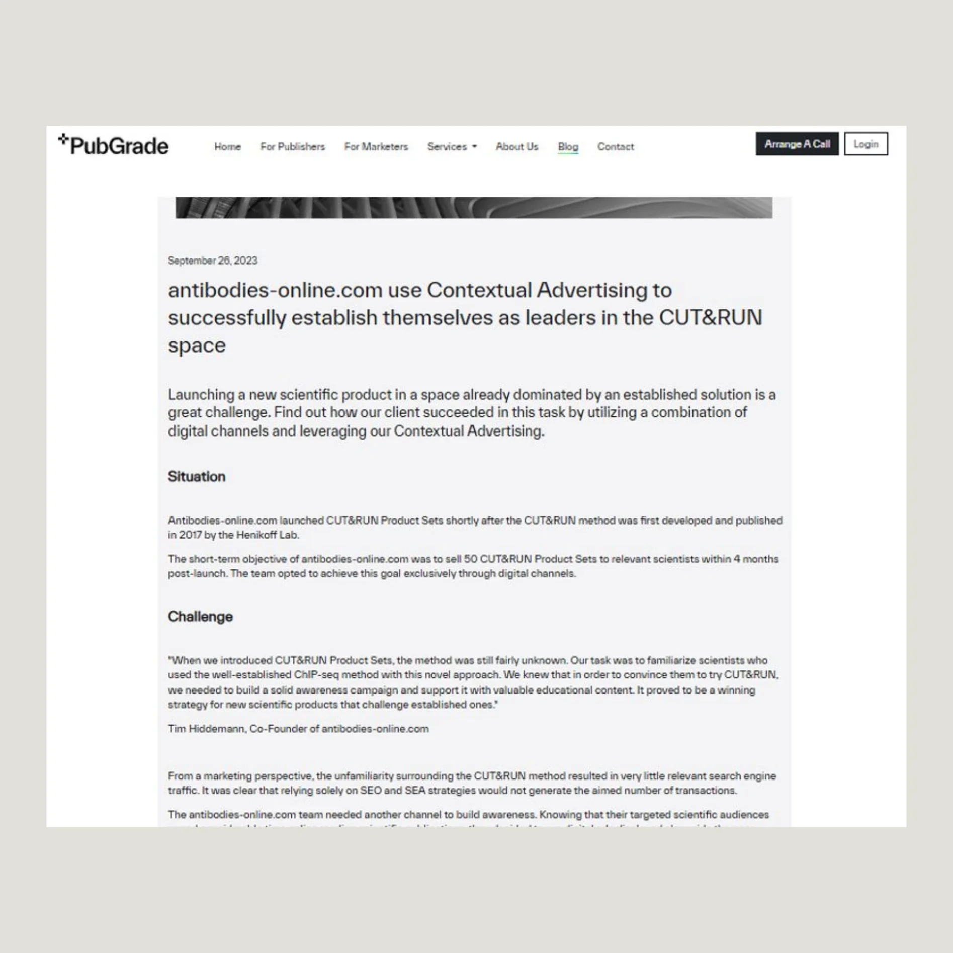 screenshot of a client's webpage with a blog post