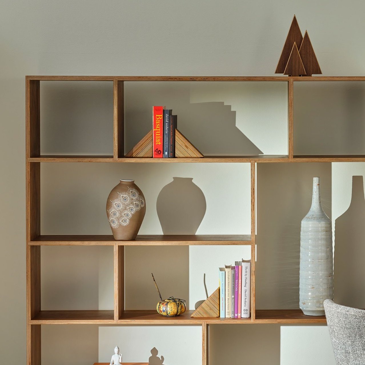 modern wood bookends set in two finishes, walnut or edge grain Baltic birch