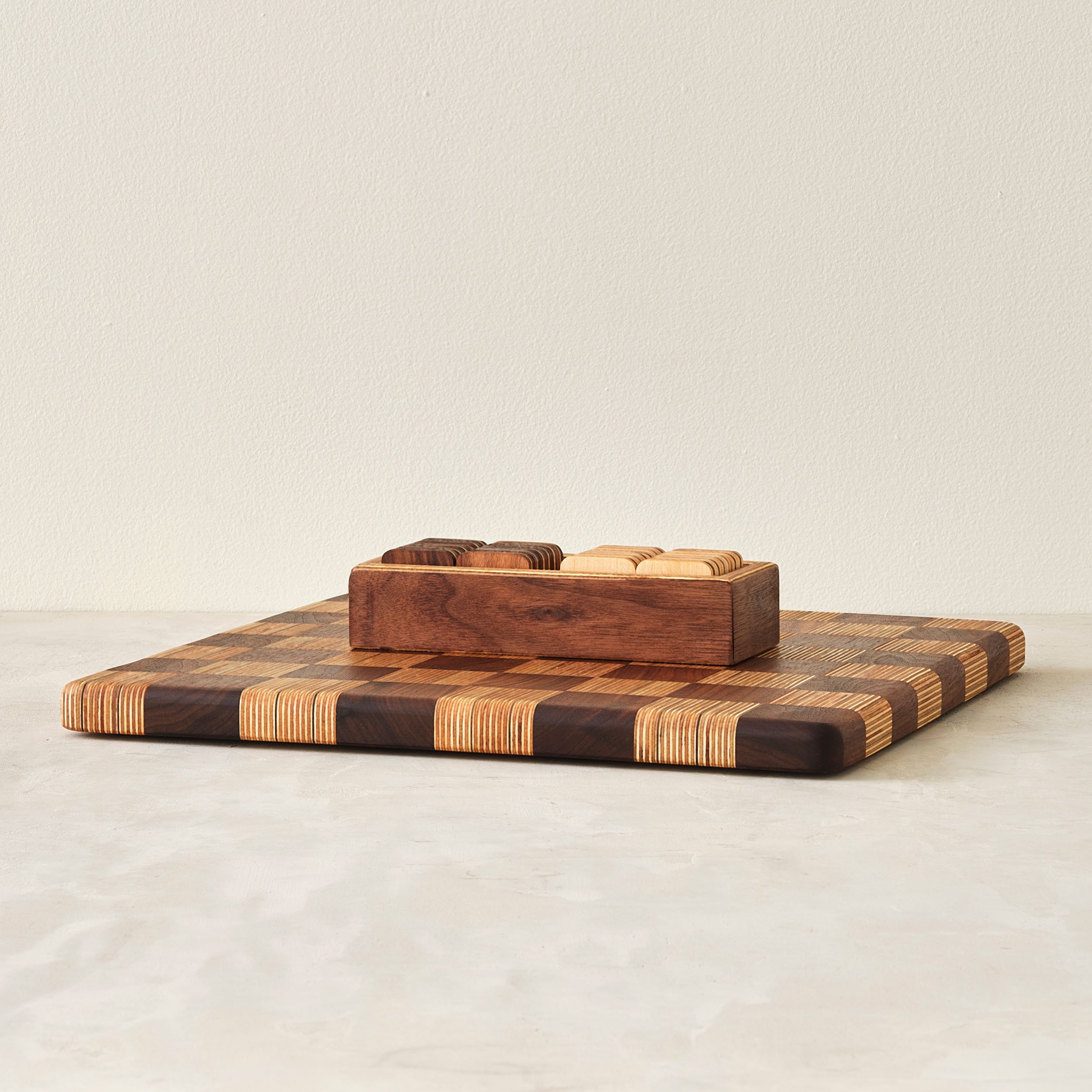 handmade modern chess and checkers set with board in walnut, maple and Baltic birch (Copy)