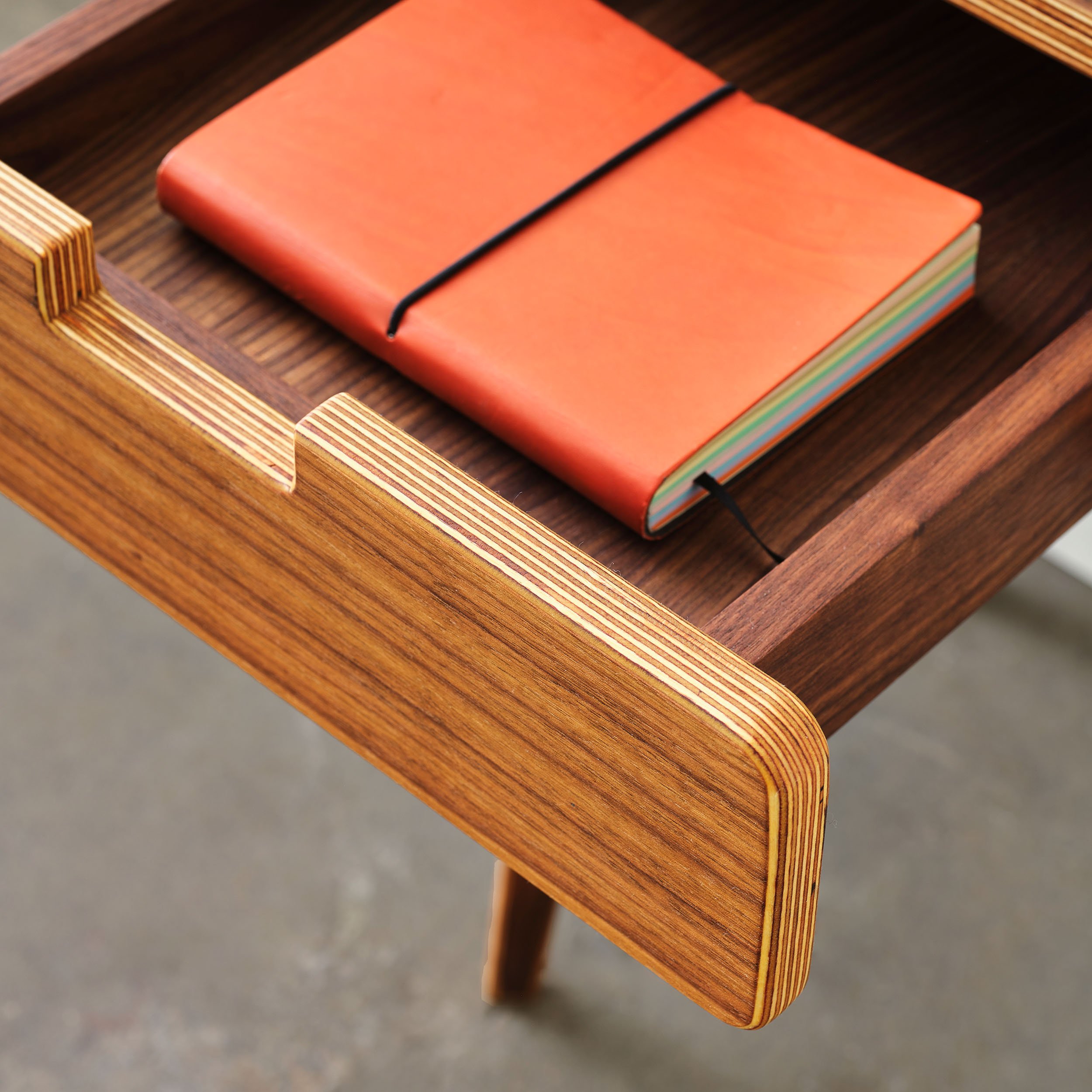 handmade mid-century modern wood end table with drawer in walnut