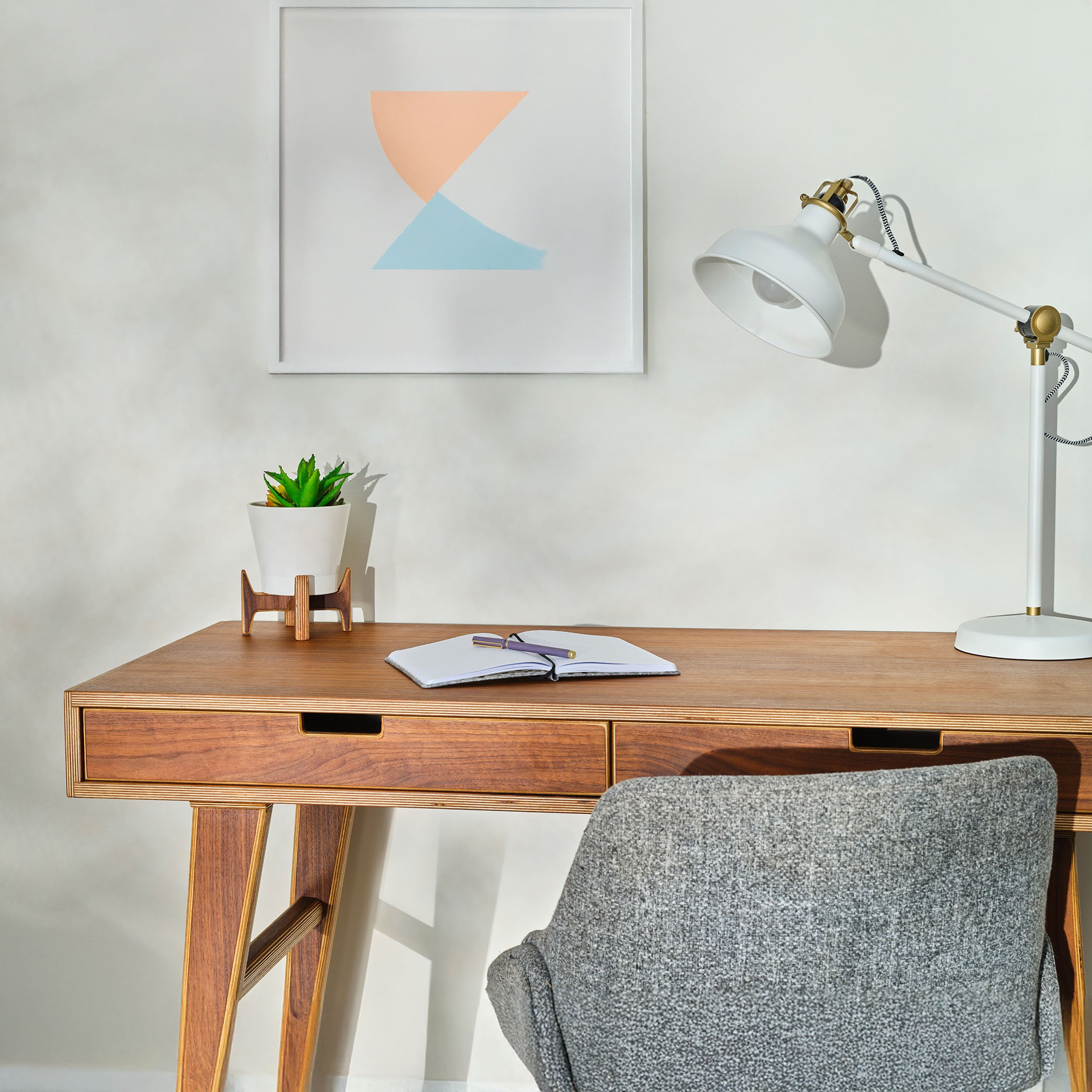 handmade mid-century modern wood desk with drawers in walnut