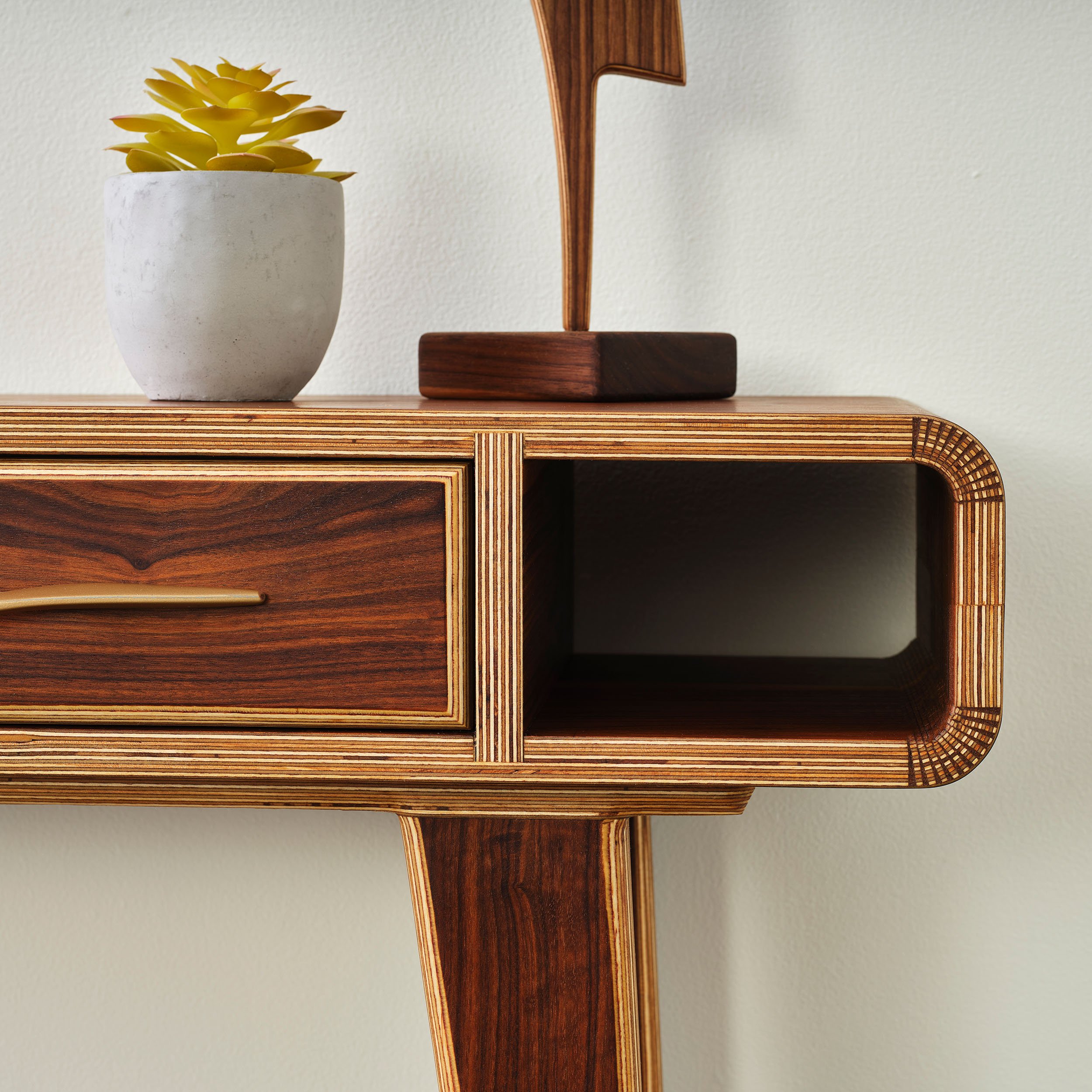 handmade mid-century modern wood entry table with drawer and shelf in walnut