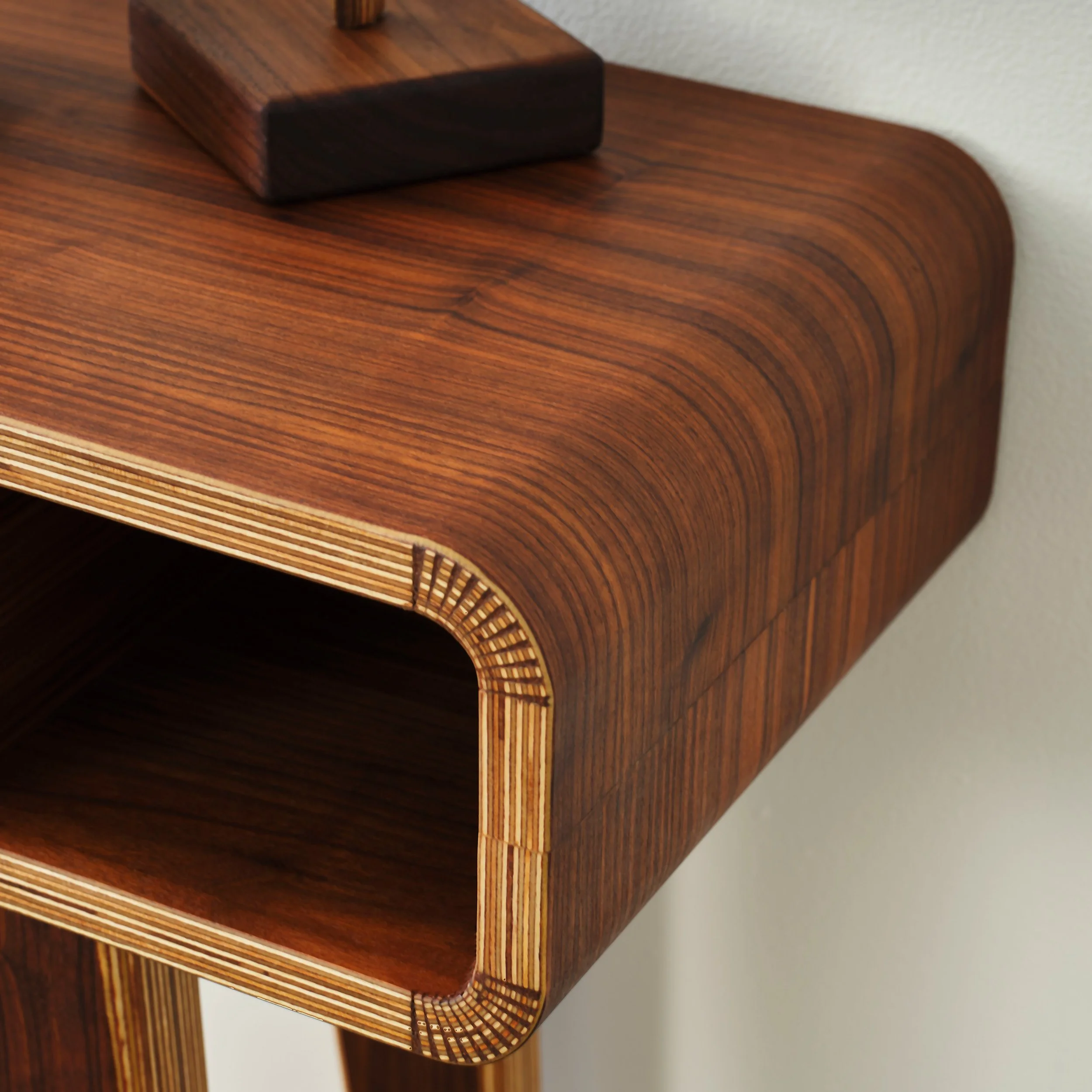 handmade mid-century modern wood entry table with drawer and shelf in walnut