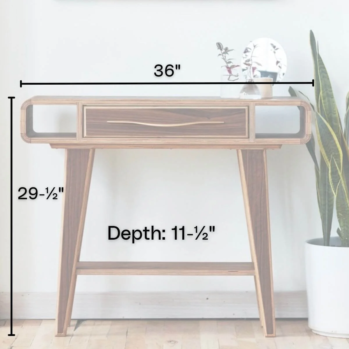handmade mid-century modern wood entry table with drawer and shelf in walnut with dimensions