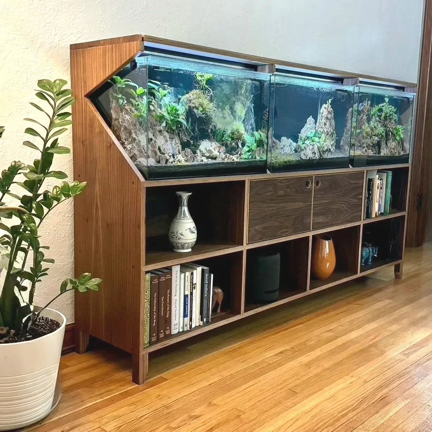 A wooden display cabinet with an aquarium on top, decorated with rocks and plants. To the left, there is a potted plant with thick green leaves. The cabinet has books and decorative vases on its shelves and is placed on a hardwood floor.