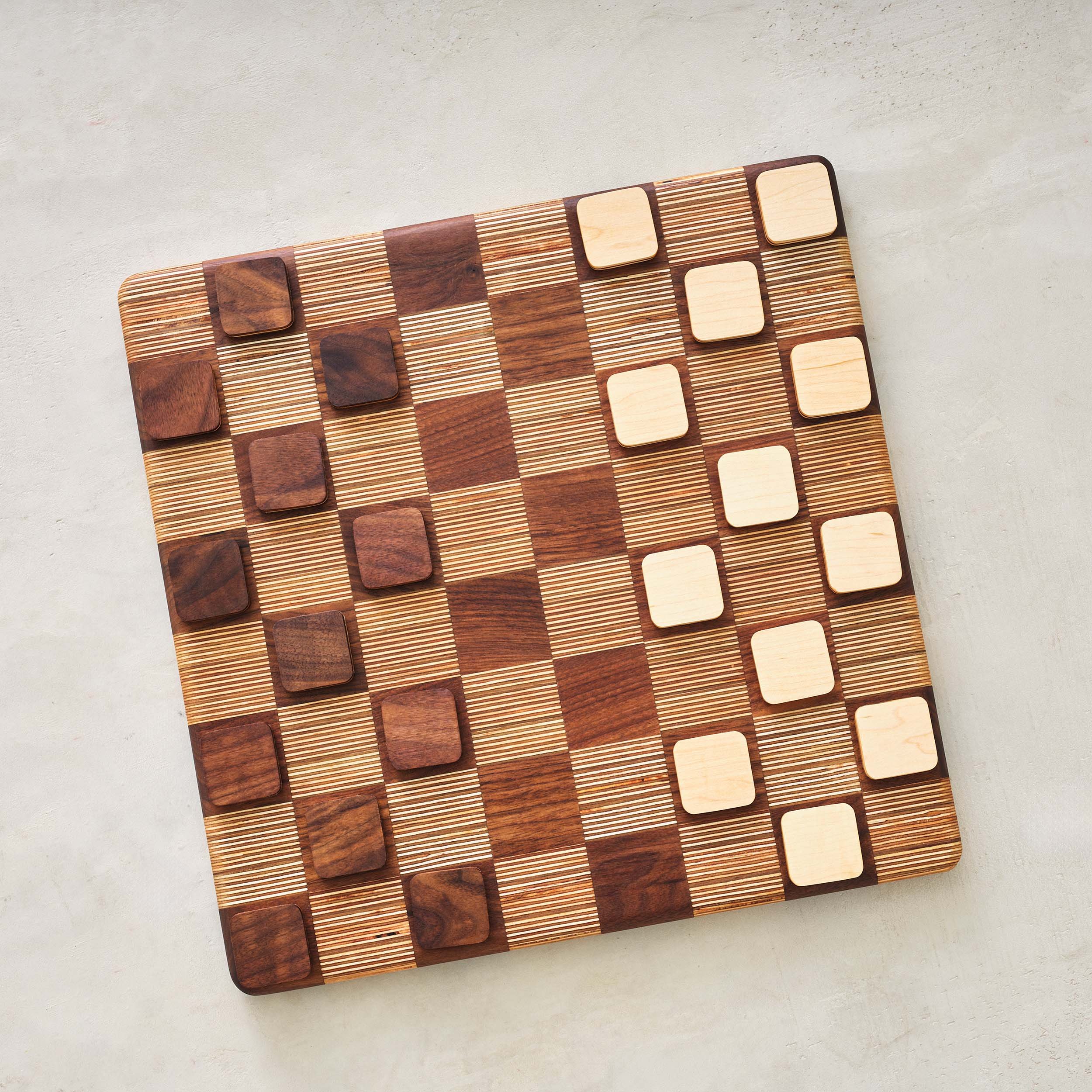 walnut, maple and baltic birch modern checkers set