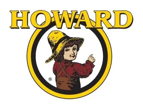 Howard the Duck cartoon character with a straw hat, red shirt, and brown vest, inside a black and yellow circle, with the word 'HOWARD' in bold yellow letters above.