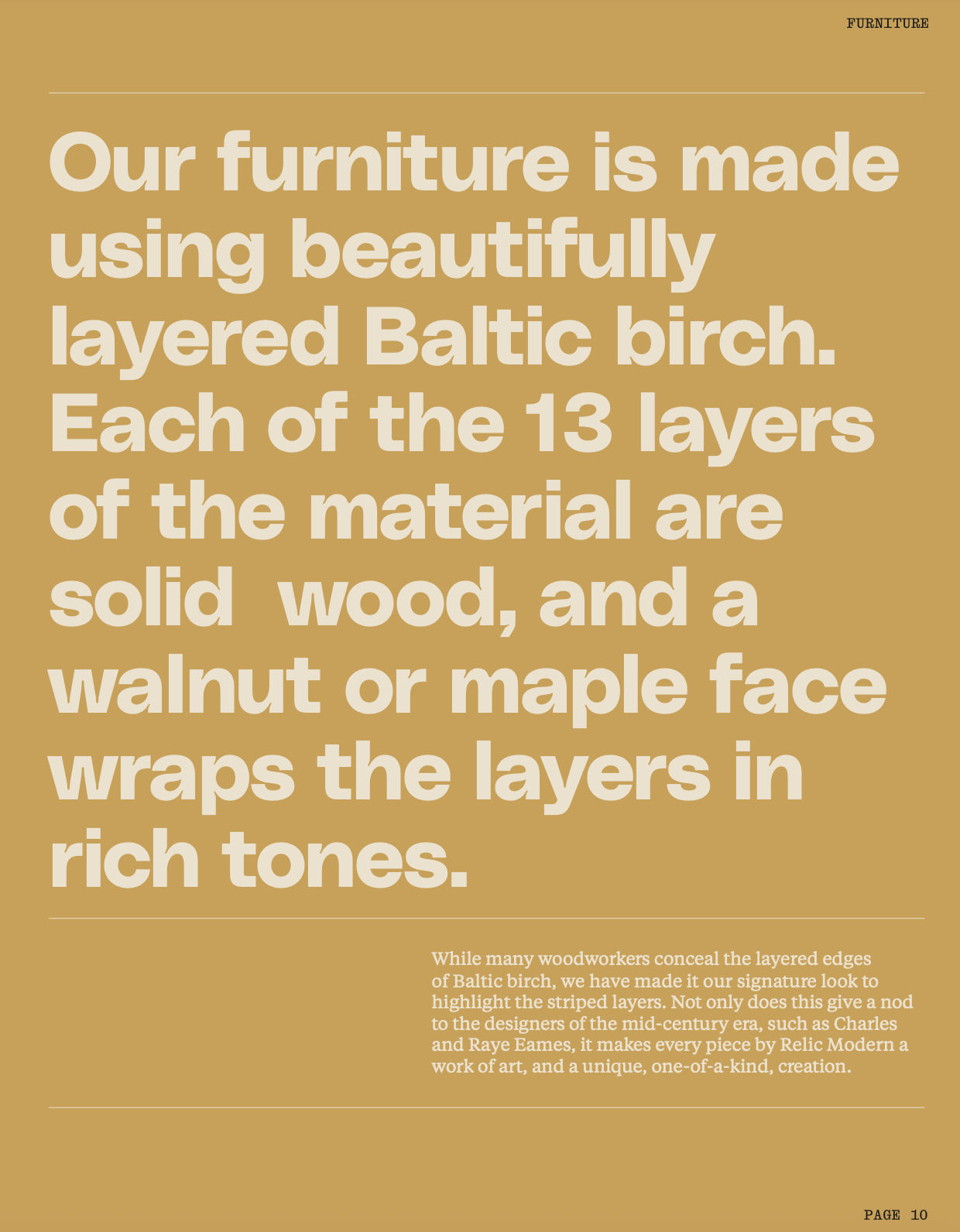 A poster describing the layers of Baltic birch wood used in furniture, highlighting the 13 layers of solid wood with walnut or maple face wraps in rich tones.