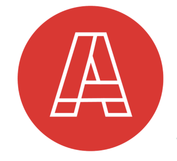 Red circular background with a white, stylized letter 'A' in the center.