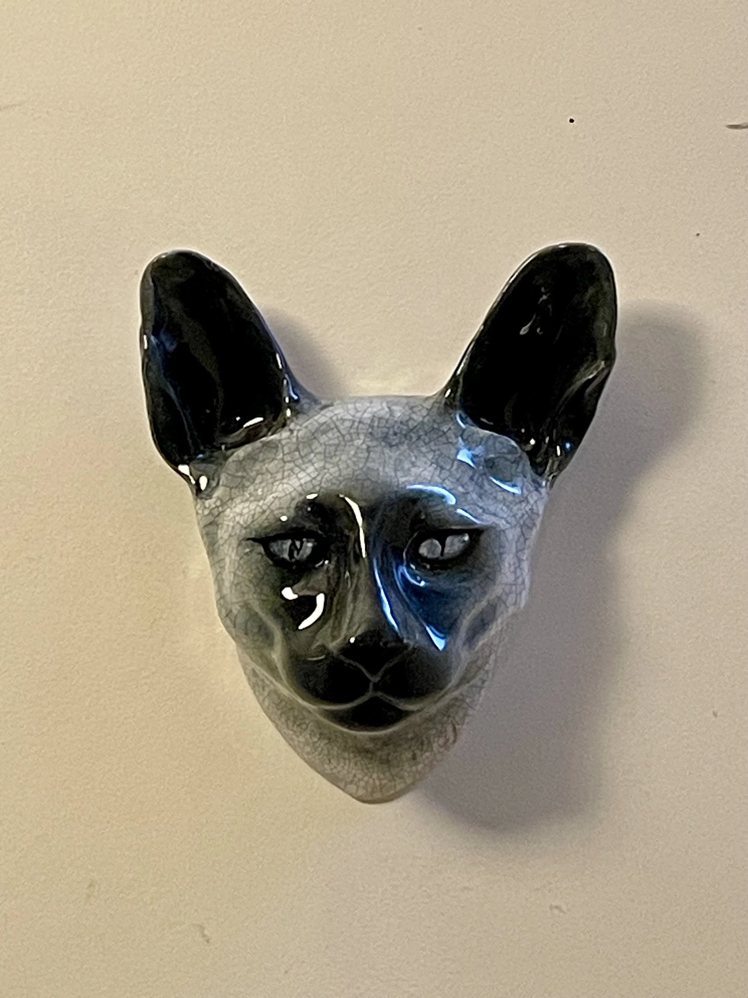Handmade ceramic Siamese cat head wall sculpture, slip-cast and wall mounted