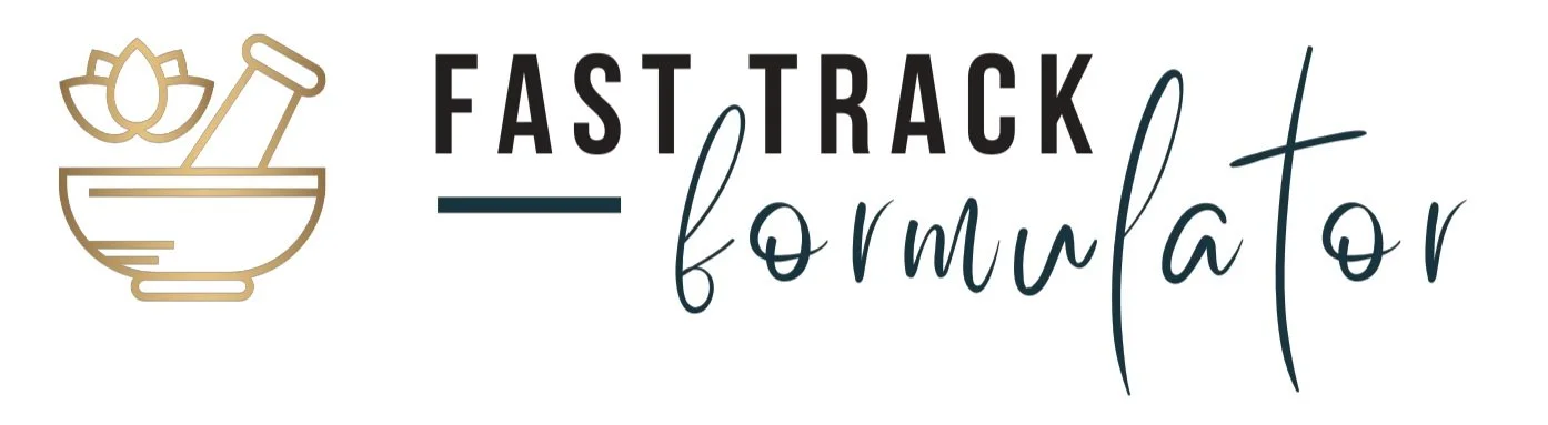 Logo for Fast Track Formulator featuring a gold outline of a mortar and pestle with a flower, alongside black, gray, and teal text reading 'Fast Track Formulator'.