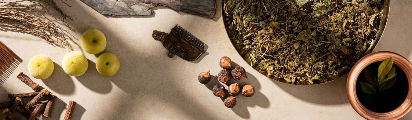 Various natural ingredients and objects on a beige surface, including dried herbs in a bowl, yellow fruits, a wooden comb, soap nuts, a clay pot with leaves, and pieces of wood.