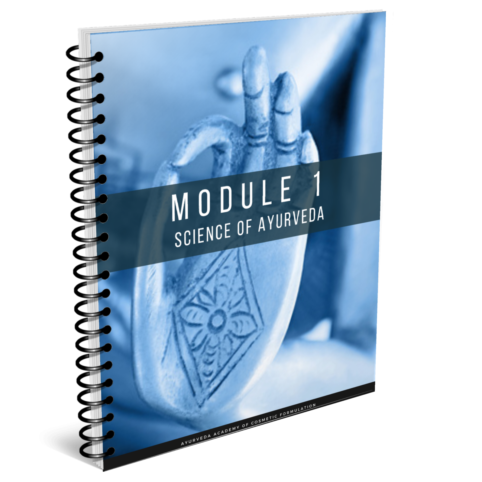 Spiral-bound book titled "Module 1 Science of Ayurveda" with an image of a hand in a mudra gesture on the cover.