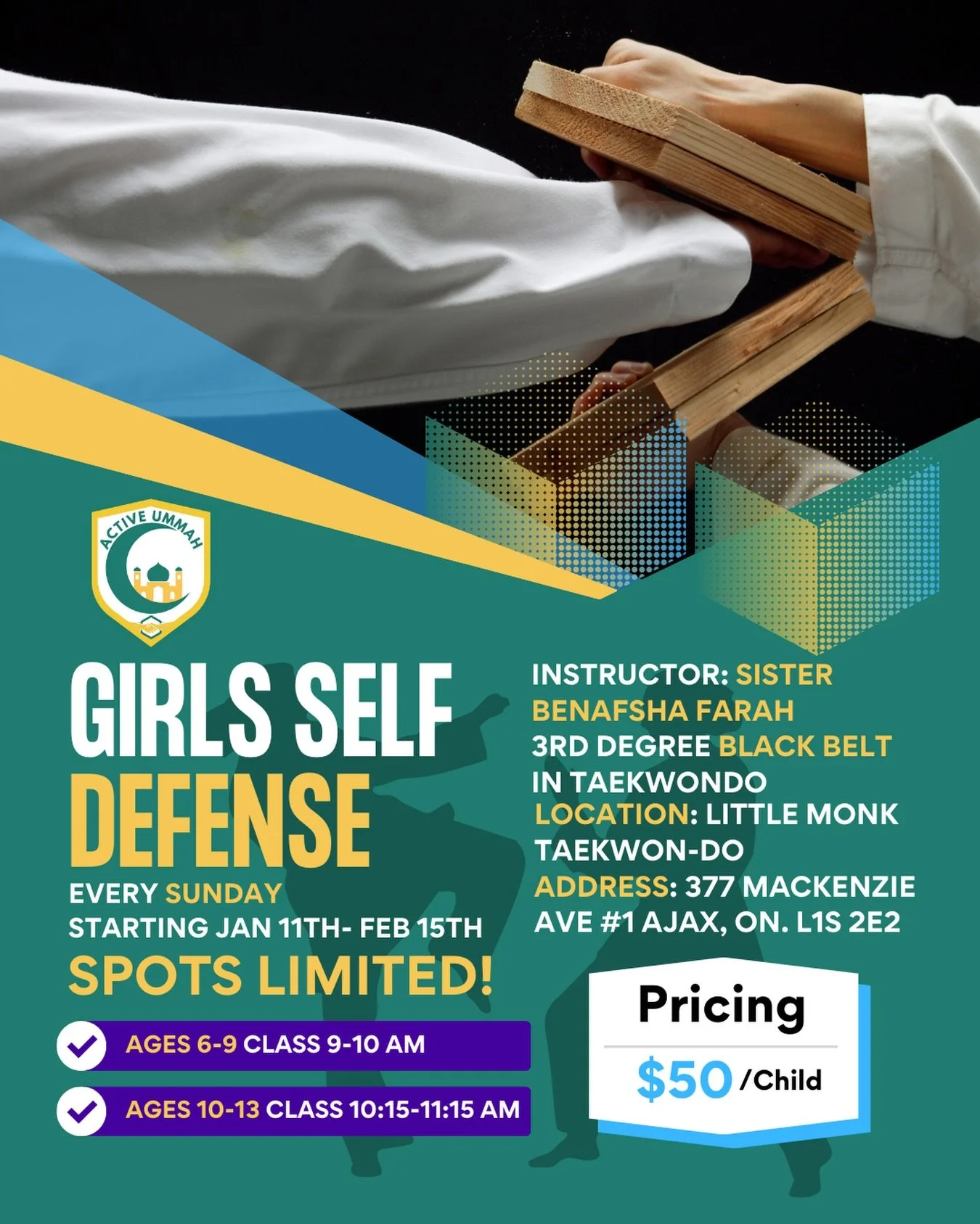 Get ready to learn some new moves 🥋🥋🥋

We&rsquo;re excited to announce Girls Self Defense class taught by the incredible Sister Benafsha Farah is back this Winter! 

Here are the details

📍Location: Little Monk Taekwon-Do
📍Address: 377 Mackenzie