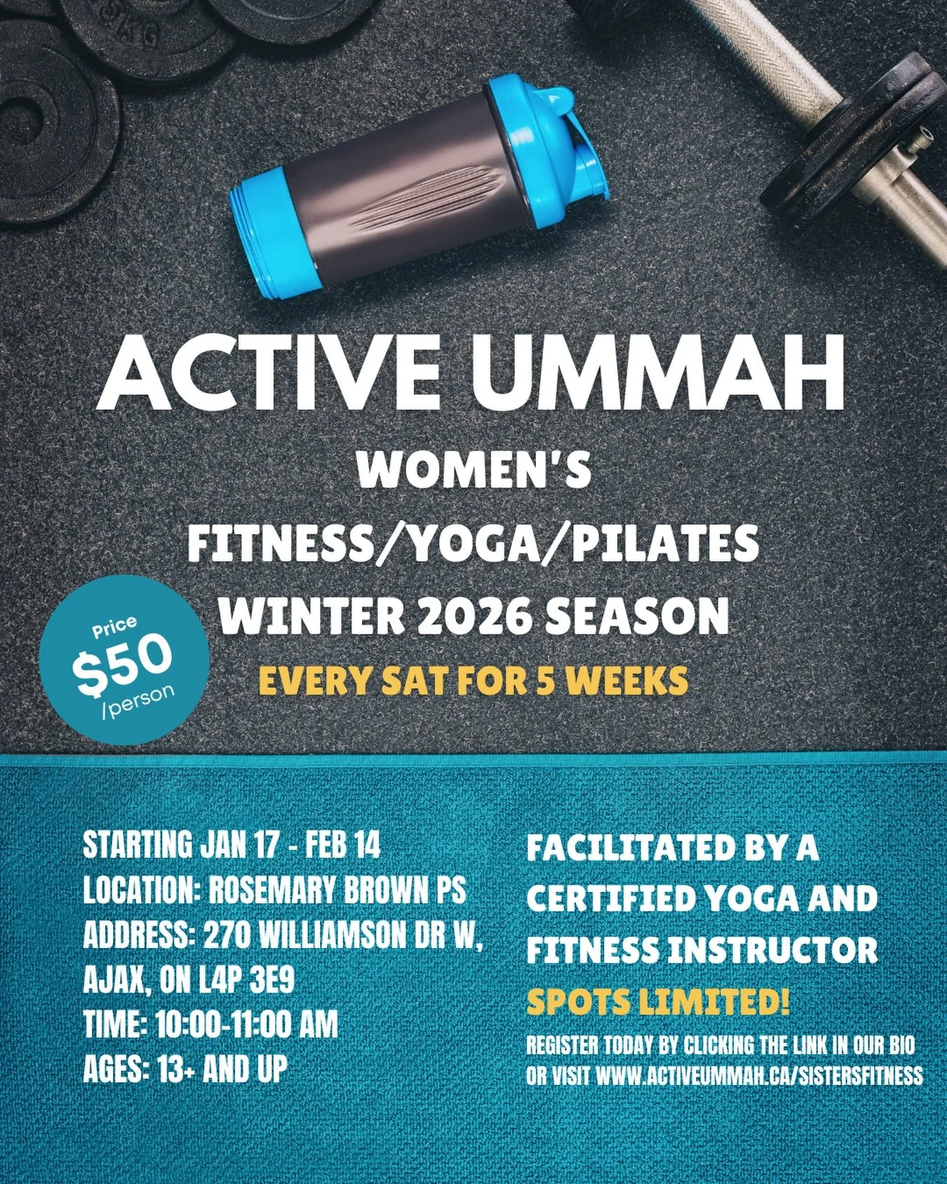 Putting the Active in Active Ummah! 🏃🏽&zwj;♀️🏃🏽&zwj;♀️🏃🏽&zwj;♀️

Active Ummah is proud to announce that our Sister Fitness Program is back this Winter! 

Here are the details:

📍Location: Rosemary Brown Public School
📍Address: 270 Williamson 