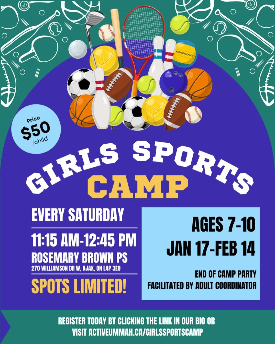 Girl Power! 🏃🏽&zwj;♀️🏃🏽&zwj;♀️🏃🏽&zwj;♀️

Active Ummah is proud to announce that our Girls Sports Camp is back this Winter!

Here are the details:

📍Location: Rosemary Brown Public School
📍Address: 270 Williamson Dr W, Ajax ON, L4P 3E9
🧕🏽: G