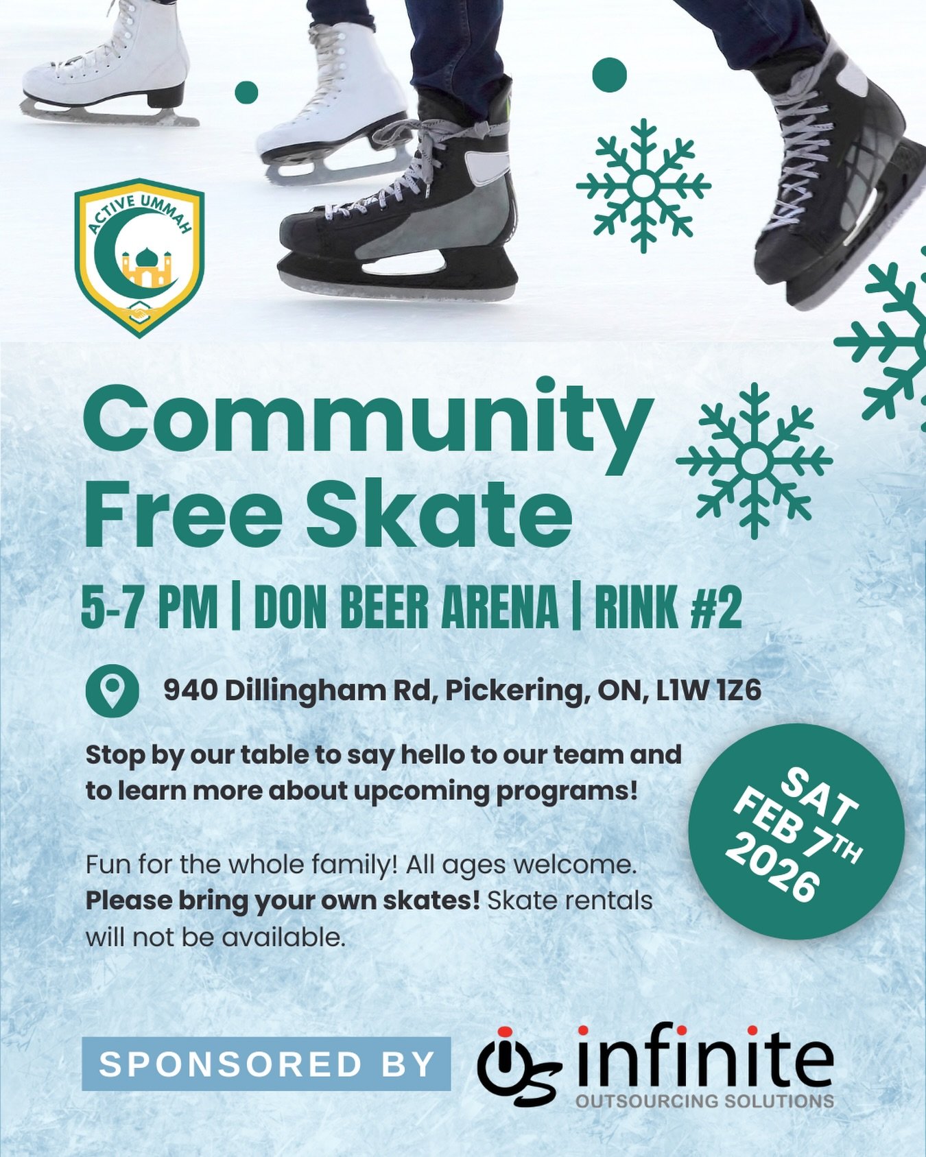 PSA 📣📣📣

For the first time ever, we will be hosting a Community Free Skate sponsored by Infinite Outsourcing Solutions @infiniteosteam on Saturday, February 7th from 5-7PM at Don Beer Arena Rink #2!

Bring your entire family and skate with confid